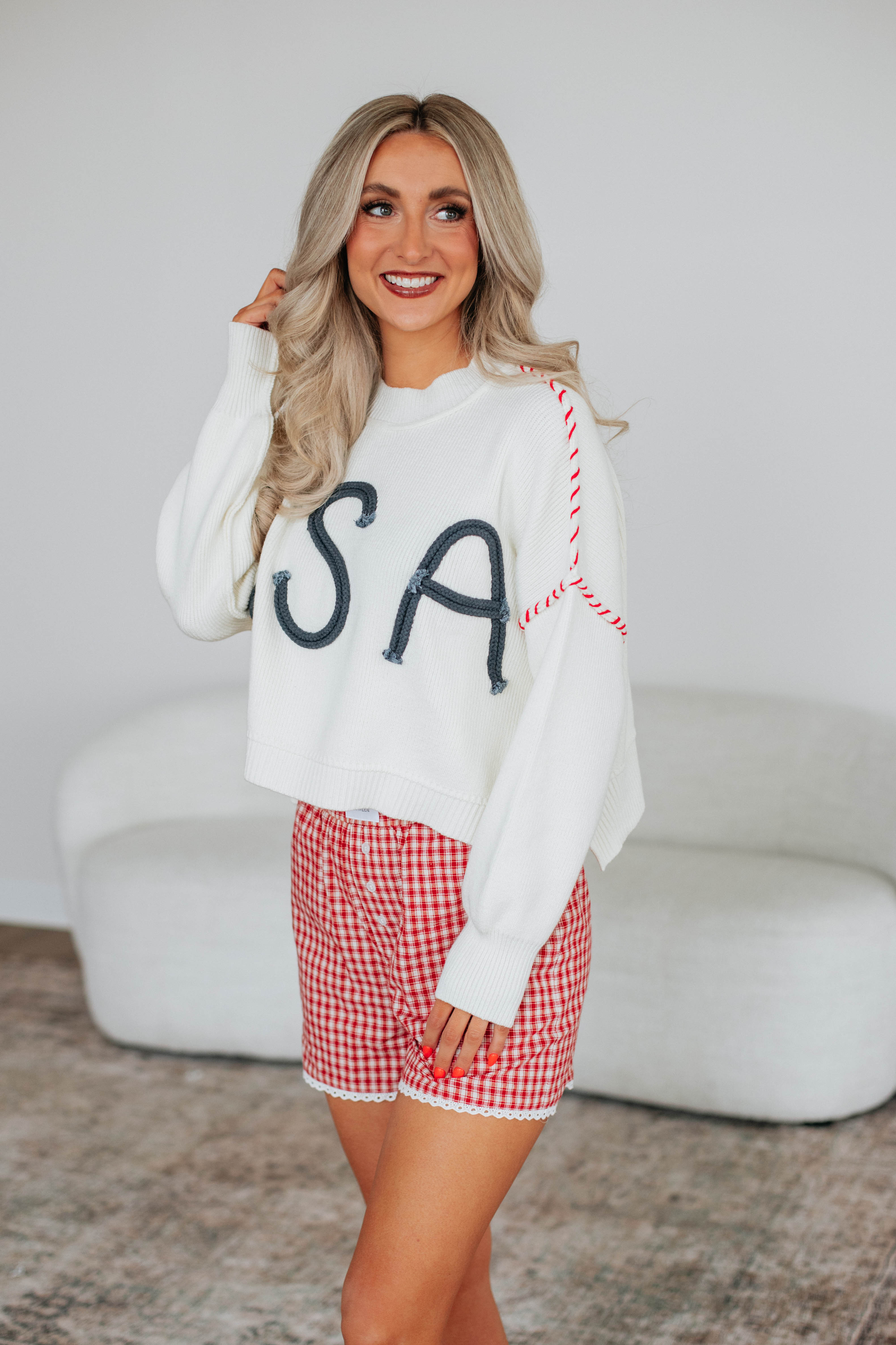 Americana Sweater Ivory - Cozy Knit Pullover for Women | Perfect for Fall & Winter Layering, Casual Outfits & Holiday Gatherings