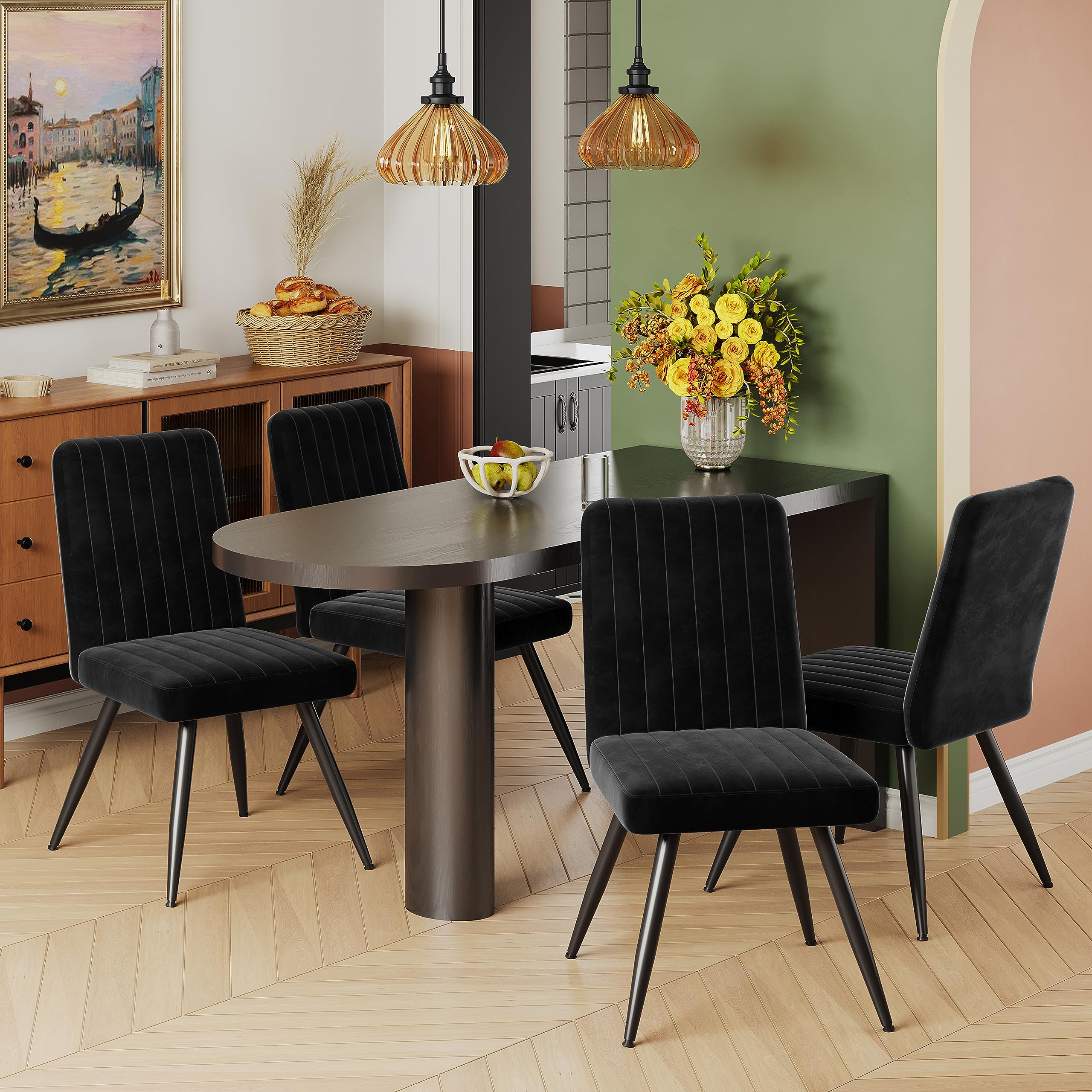 Modern Velvet Dining Chairs Set of 2 - Upholstered Mid Century Kitchen Accent Chairs with Metal Legs, Armless Leisure Chairs for Living Room, Office Desk or Dining Area - Black | Perfect for Small Spaces, Apartments and Contemporary Home Decor