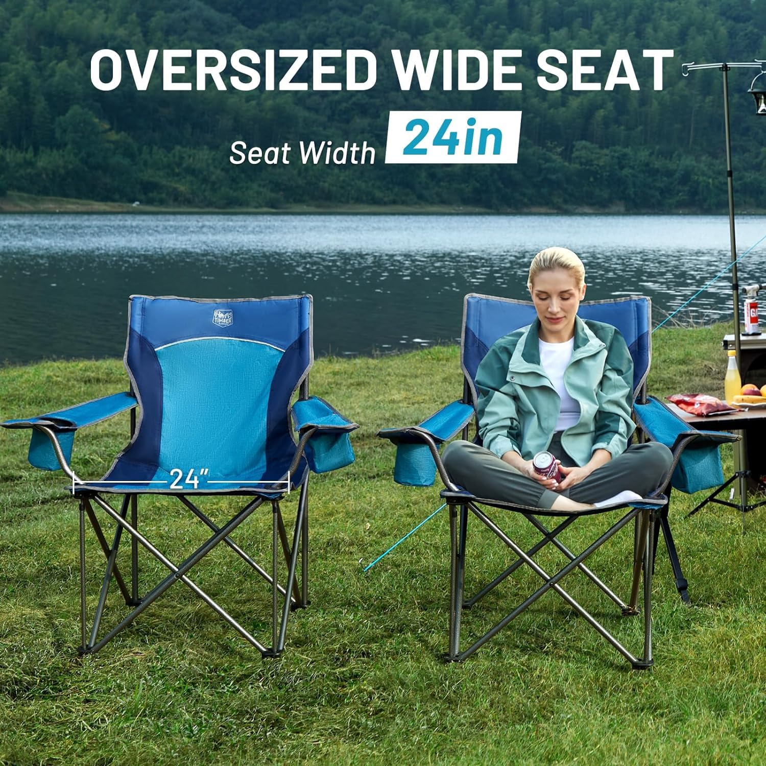 Heavy Duty Oversized Folding Camping Chair for Adults - 550 LBS Weight Capacity with Cup Holder & Side Pocket - Durable Portable Outdoor Chair for Camping, Beach, Picnic, Lawn, Backyard, Tailgating & Outdoor Events (Blue)