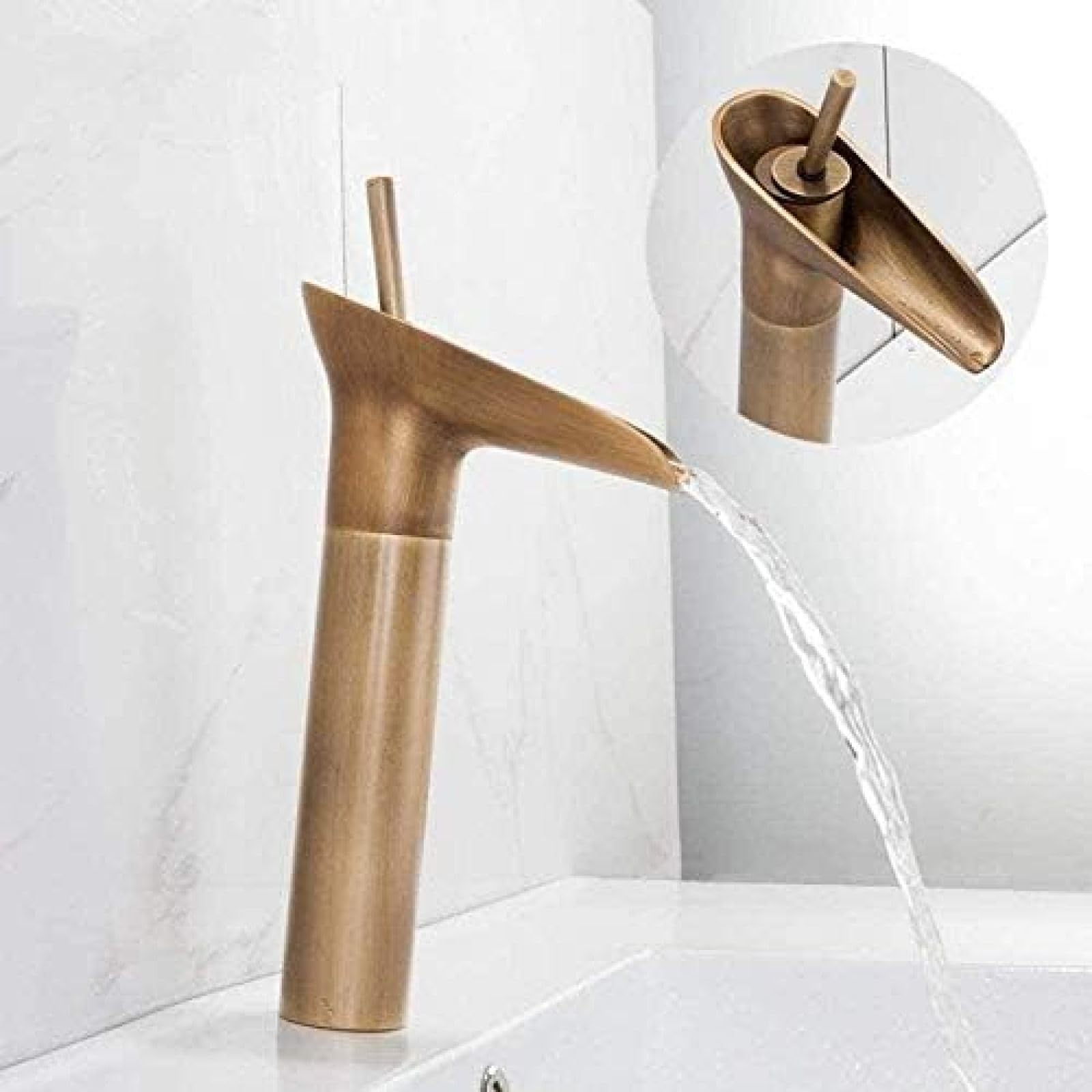 CRJUS Antique Brass Waterfall Faucet - Deck Mount Kitchen & Bathroom Sink Mixer Tap | Vintage Style Basin Faucet for Farmhouse, RV & Commercial Use
