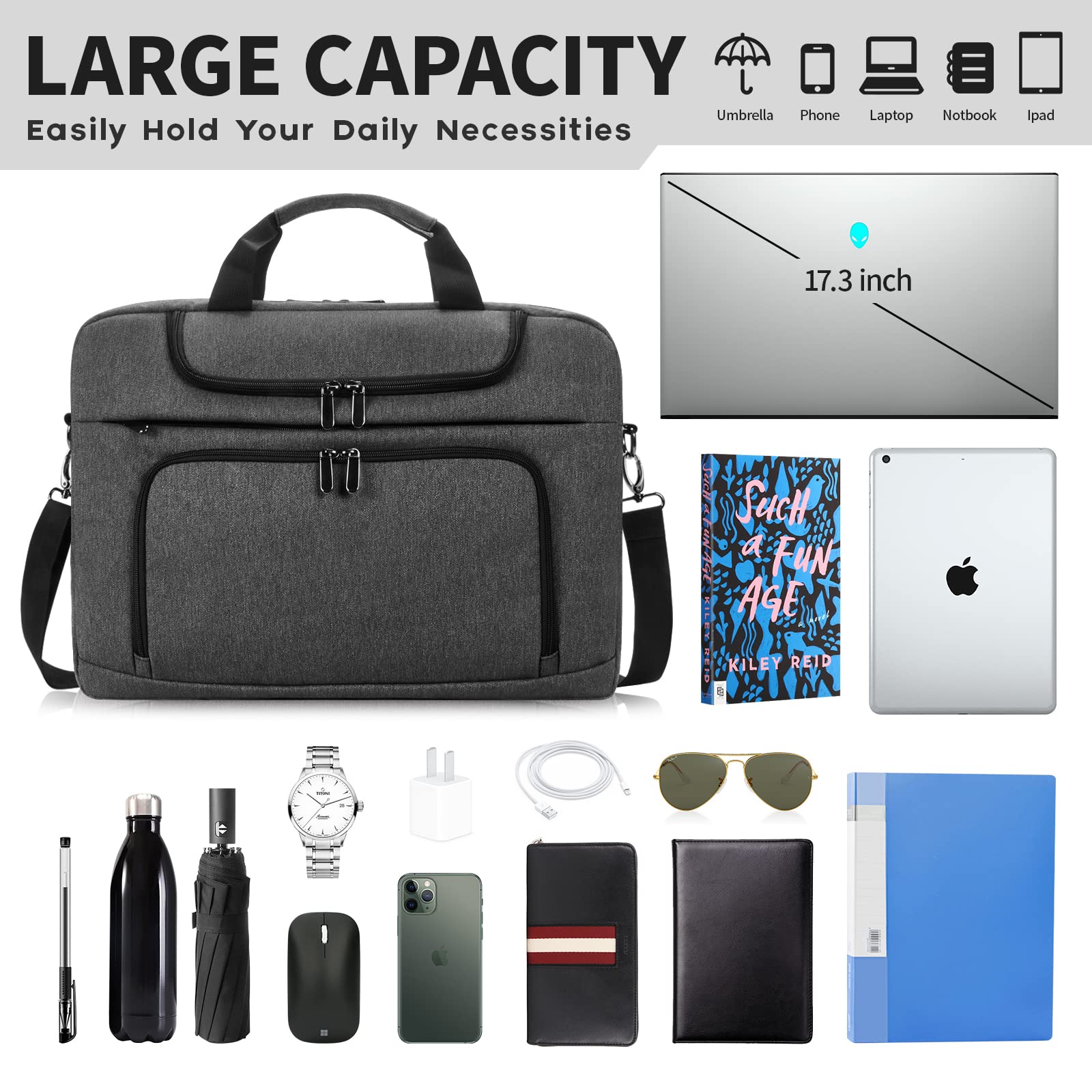 BERTASCHE 17.3 Inch Laptop Bag for Men - Durable Business Laptop Case with Shoulder Strap - Perfect for Work, Office & Business Travel - Grey Computer Carrying Bag