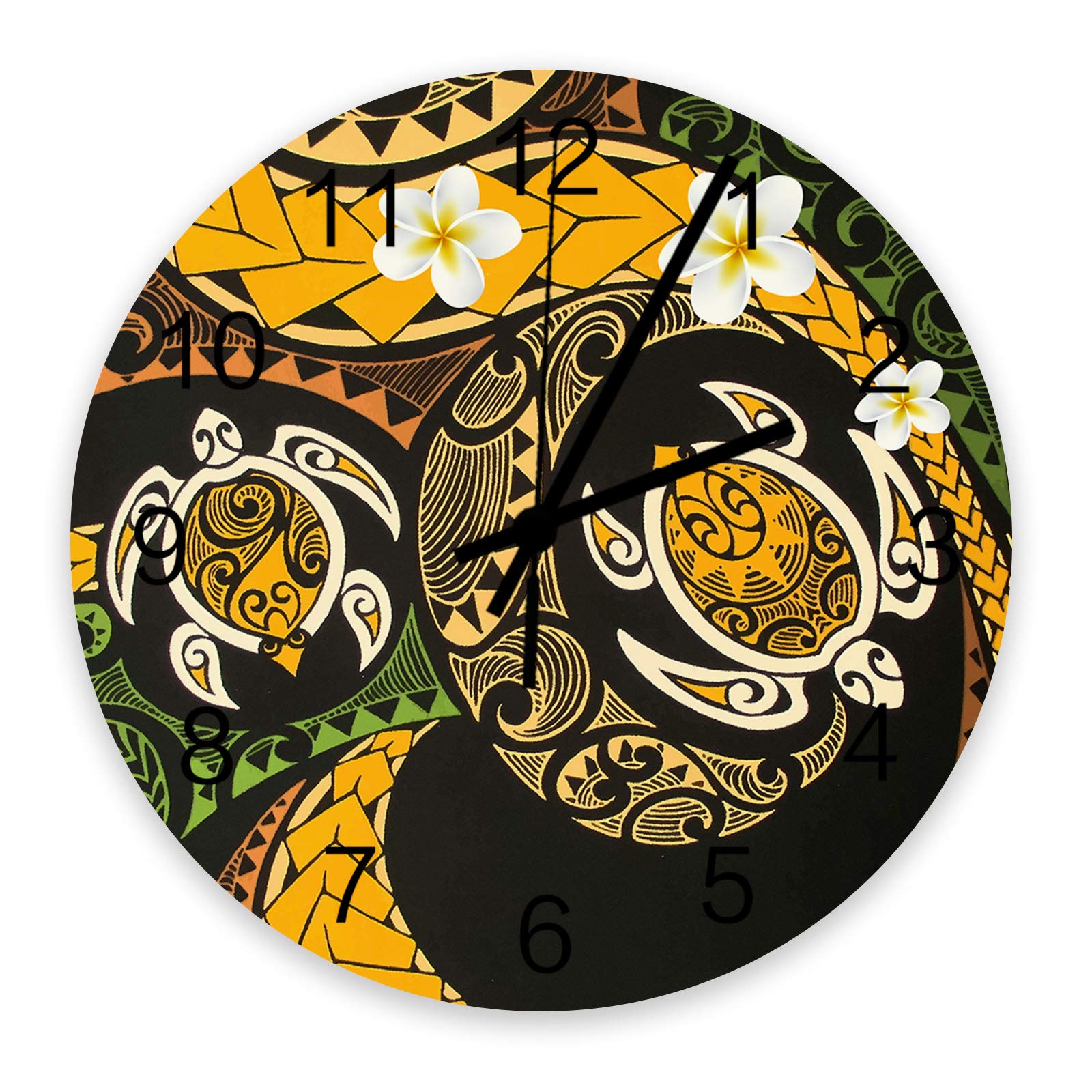 12 Inch Silent Non-Ticking Wall Clock - Battery Operated Quartz Wall Decor with Minimalist Black Yellow Polynesian Floral Design - Easy to Read for Bedroom, Office, Living Room, Kitchen & Home Decor