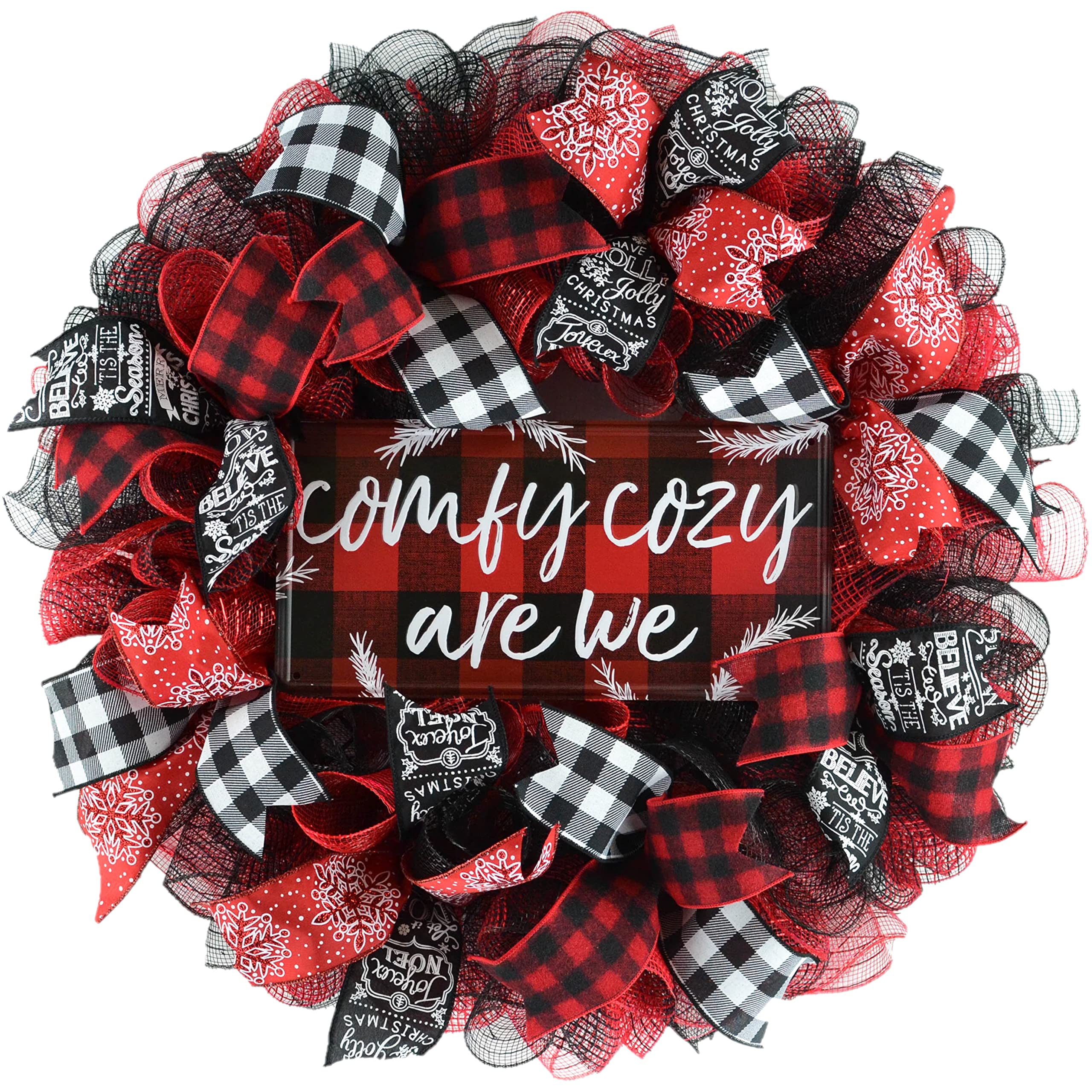 Buffalo Plaid Check Wreath - Red and Black Christmas Wreath for Front Door, Holiday Home Decor, Cozy Farmhouse Style | Perfect for Christmas Tree, Mantel, and Winter Porch Decorations