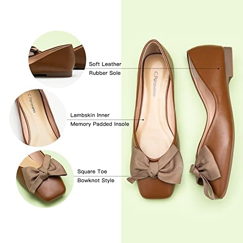C.Paravano Women's Square Toe Leather Ballet Flats - Slip On Comfortable Shoes for Work, Office & Casual Wear | Breathable & Lightweight Walking Shoes for Women