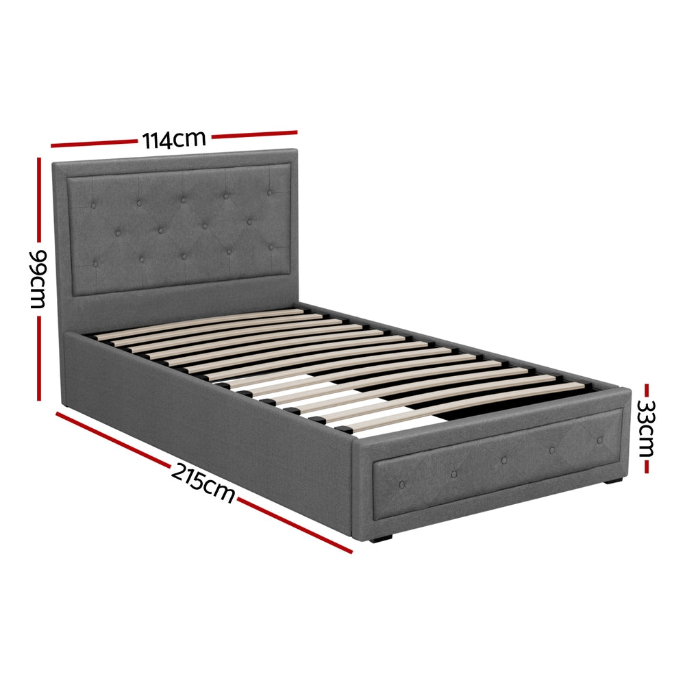 Bronte Storage King Single Bed Frame Grey - Space-Saving Bed with Underbed Storage for Small Rooms & Apartments