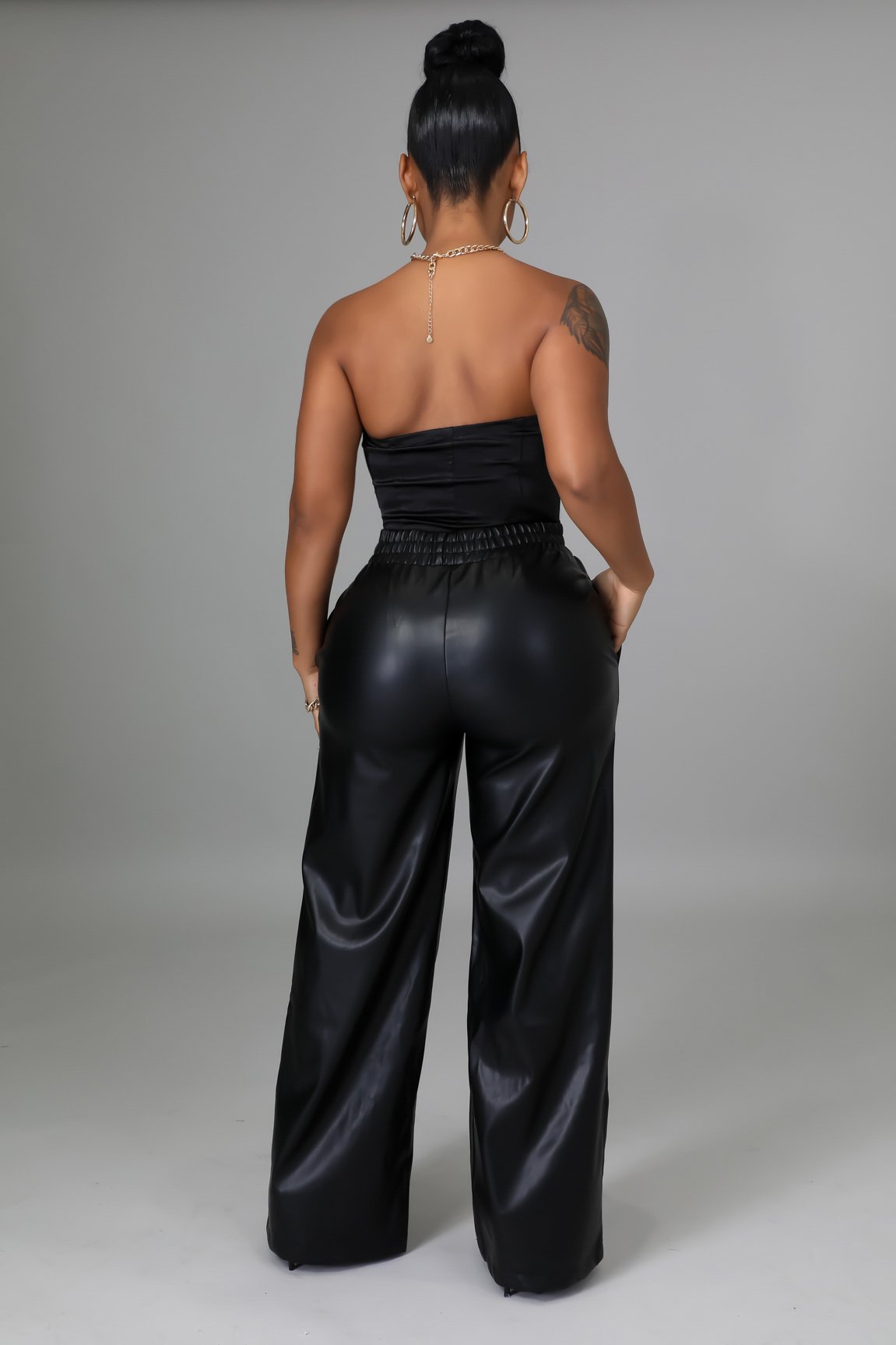 Celina Women's Leatherette Wide Leg Pants - Black High Waist Stretch Comfortable Trousers for Work, Office & Casual Outfits