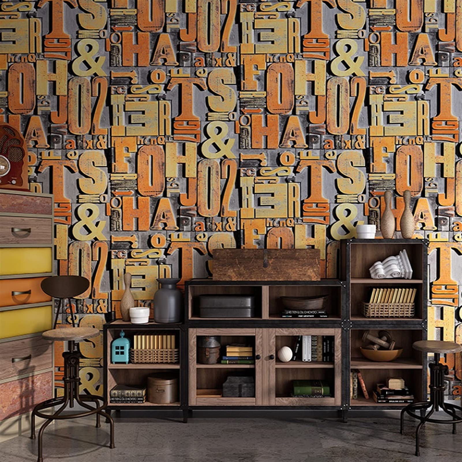 3D Retro Nostalgic Alphabet Pattern Wallpaper - Peel & Stick Wall Decals for Barbershops, Restaurants & Clothing Stores | Vintage English Letter Design (Color C) | Perfect for Commercial Spaces & Home Decor