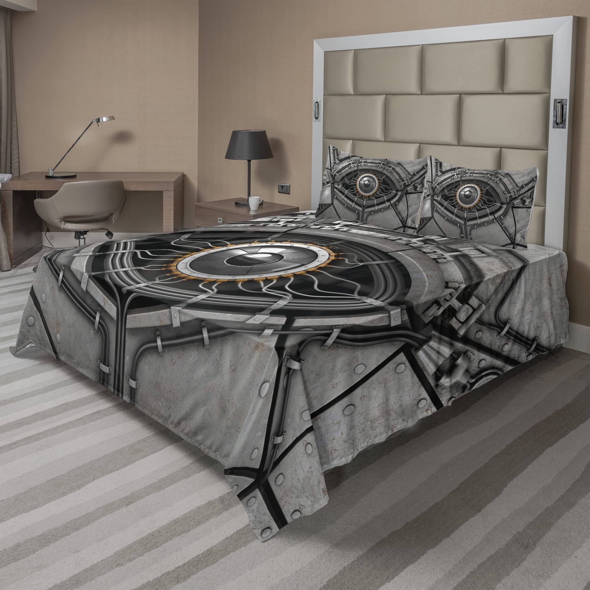 Ambesonne Futuristic Robot Eye with Wires 4-Piece King Size Sheet Set - Cyborg Mechanical Industrial Design Fitted & Flat Sheets with Pillowcases - Charcoal Grey Bedding for Sci-Fi Lovers & Tech-Themed Rooms