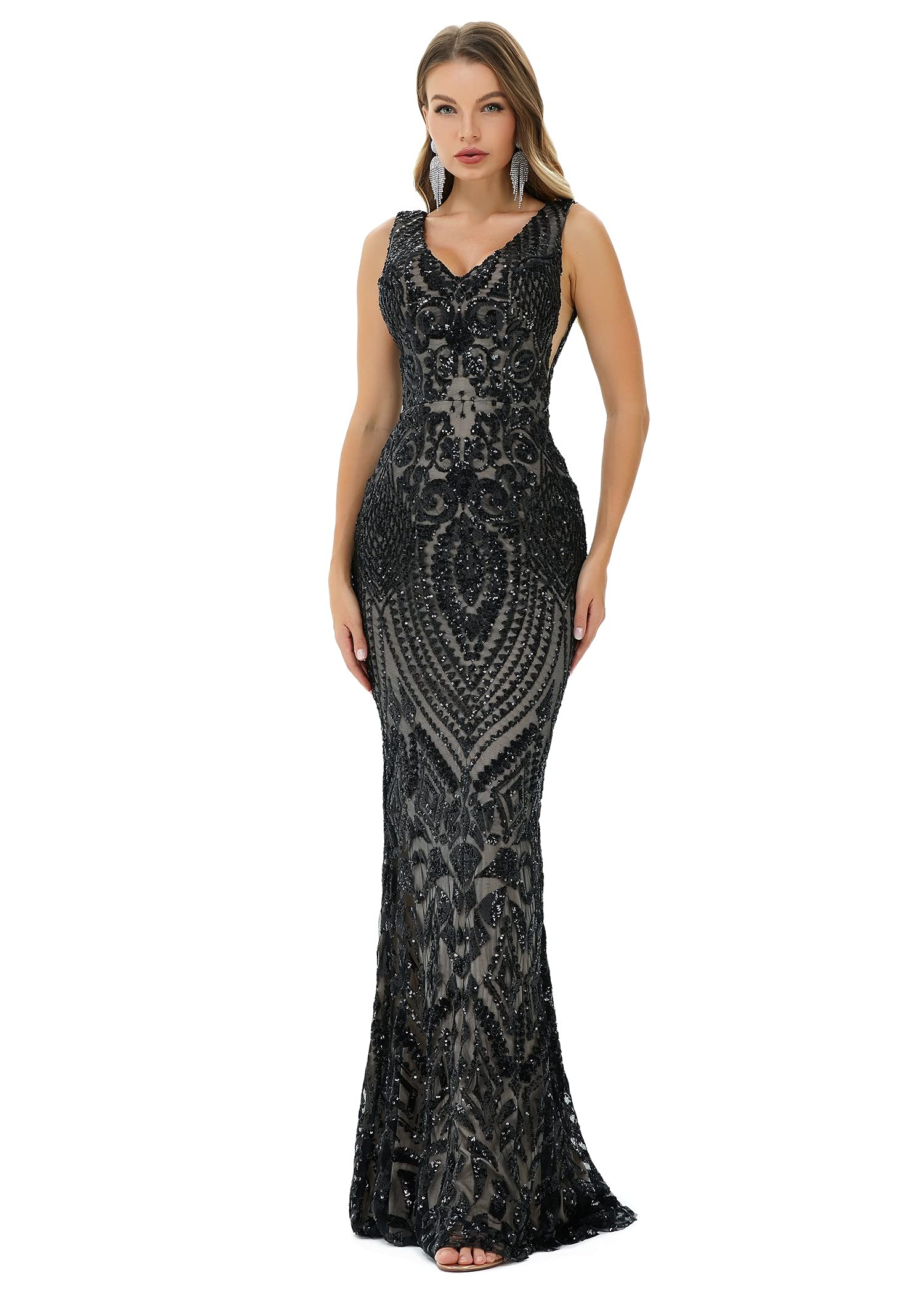 Elegant Women's Sequin V-Neck Mermaid Evening Dress - Sleeveless Bridesmaid Gown for Formal Party, Prom, Wedding, and Special Occasions