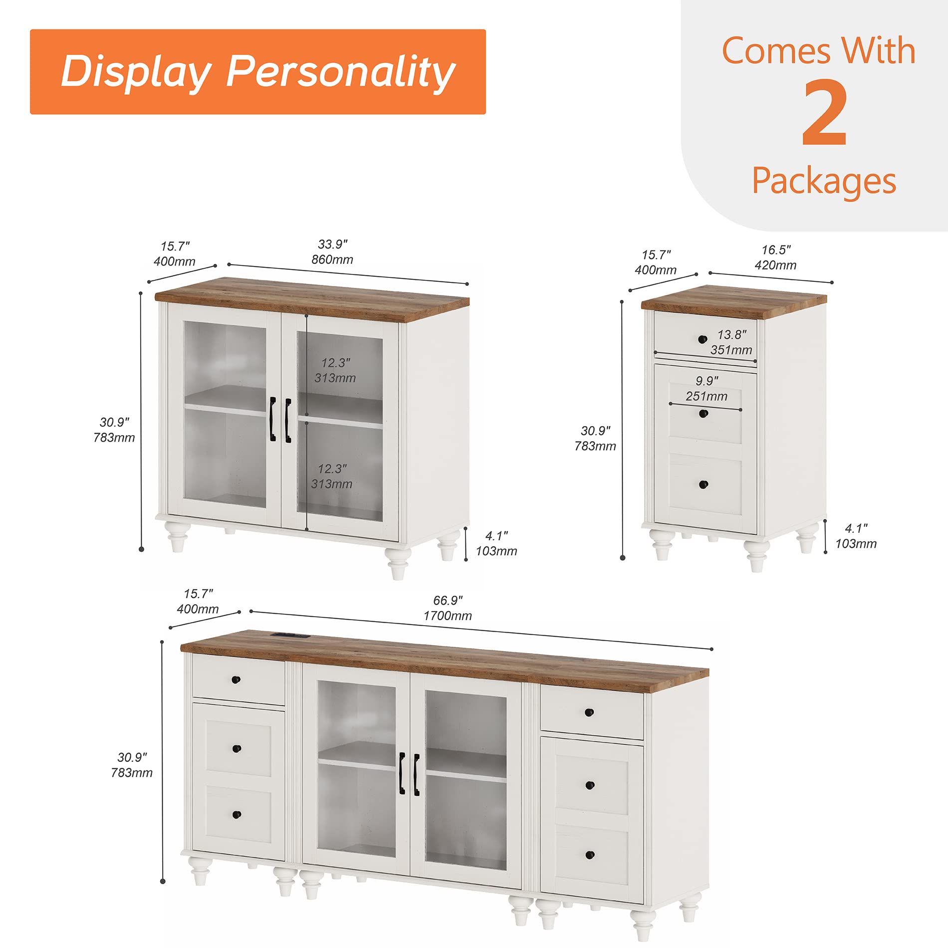 Modern WAMPAT Buffet Cabinet with Glass Doors & Charging Station - Wooden Sideboard Storage Credenza for Kitchen, Dining Room & Living Room - White Coffee Bar Cabinet for Home Decor & Entertainment Spaces
