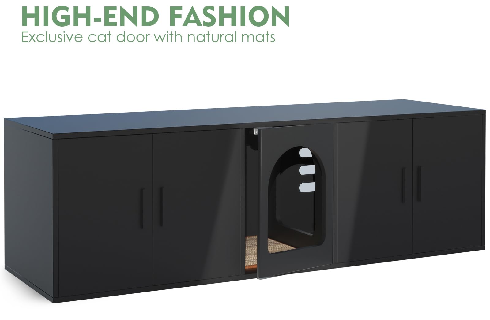 Wooden Cat Litter Box Enclosure Furniture for 2 Cats - Double Room Design with Cat Door - Black - Perfect for Home, Apartment & Small Spaces