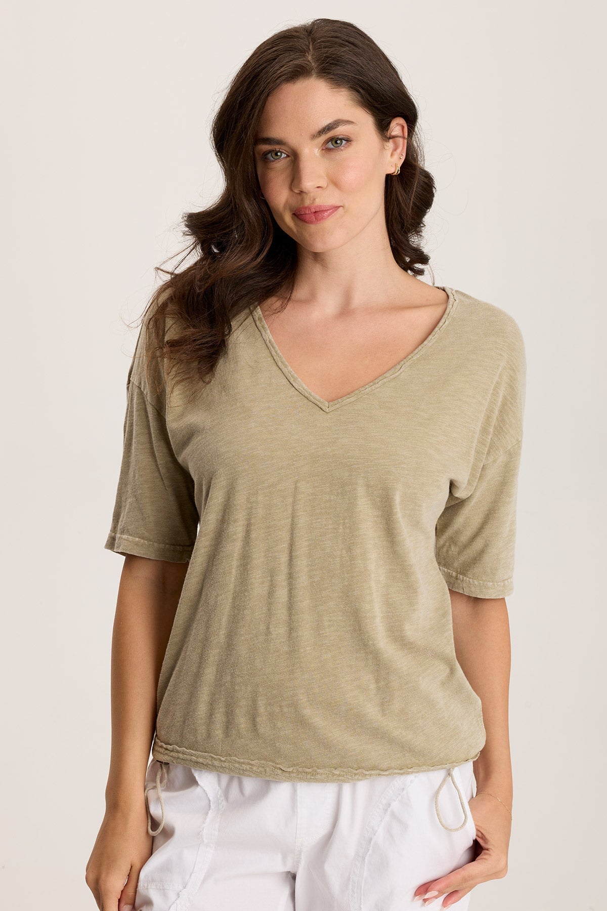 Rajni V Neck Cinchable Hem Tee for Women - Stylish Adjustable Fit Casual T-Shirt - Perfect for Everyday Wear, Work, and Outings