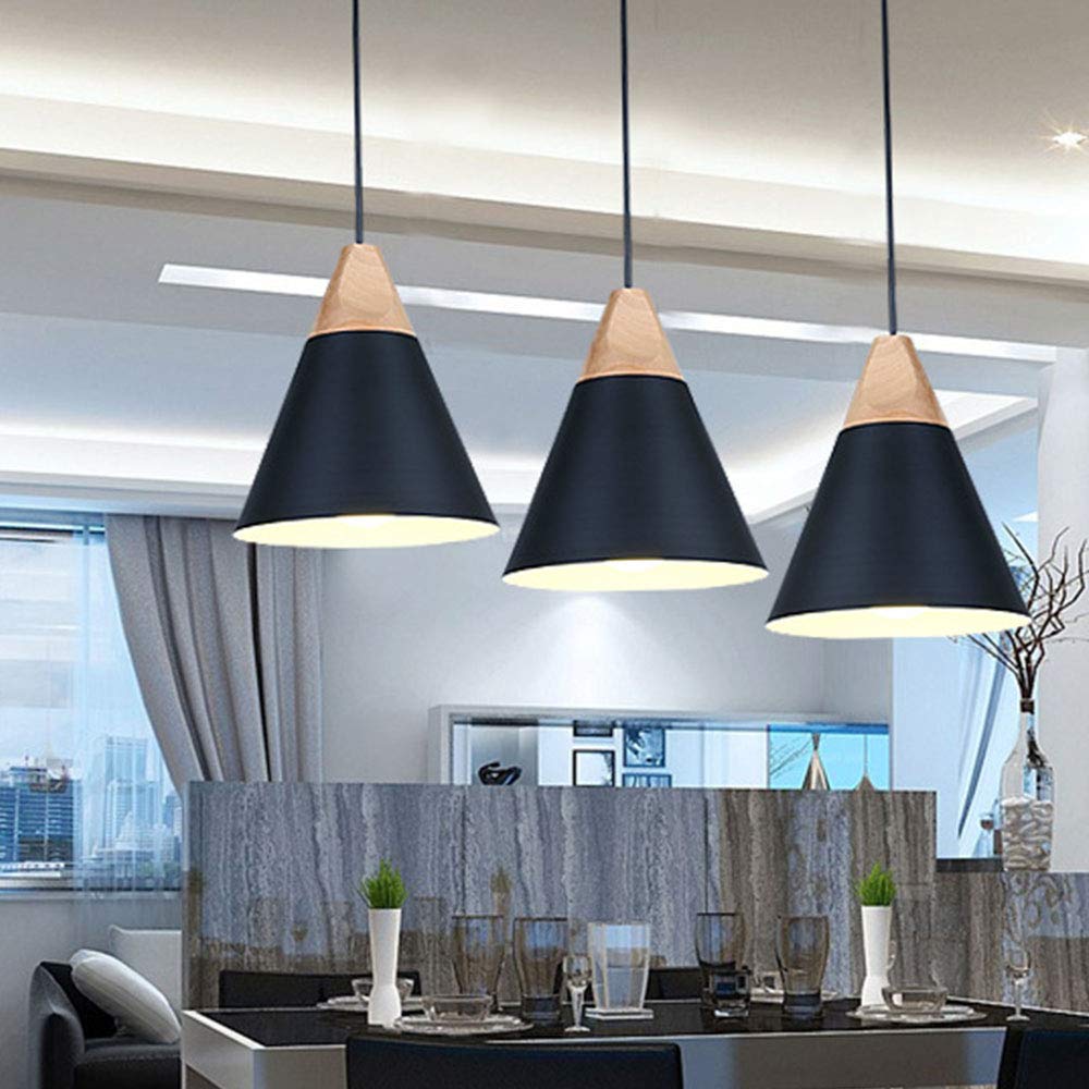 Modern Nordic Pendant Ceiling Light with Metal & Wooden Frame - E26/E27 Base, Black Metal Shade - Contemporary Hanging Lamp for Living Room, Bedroom, Dining Room, Kitchen, or Office Lighting