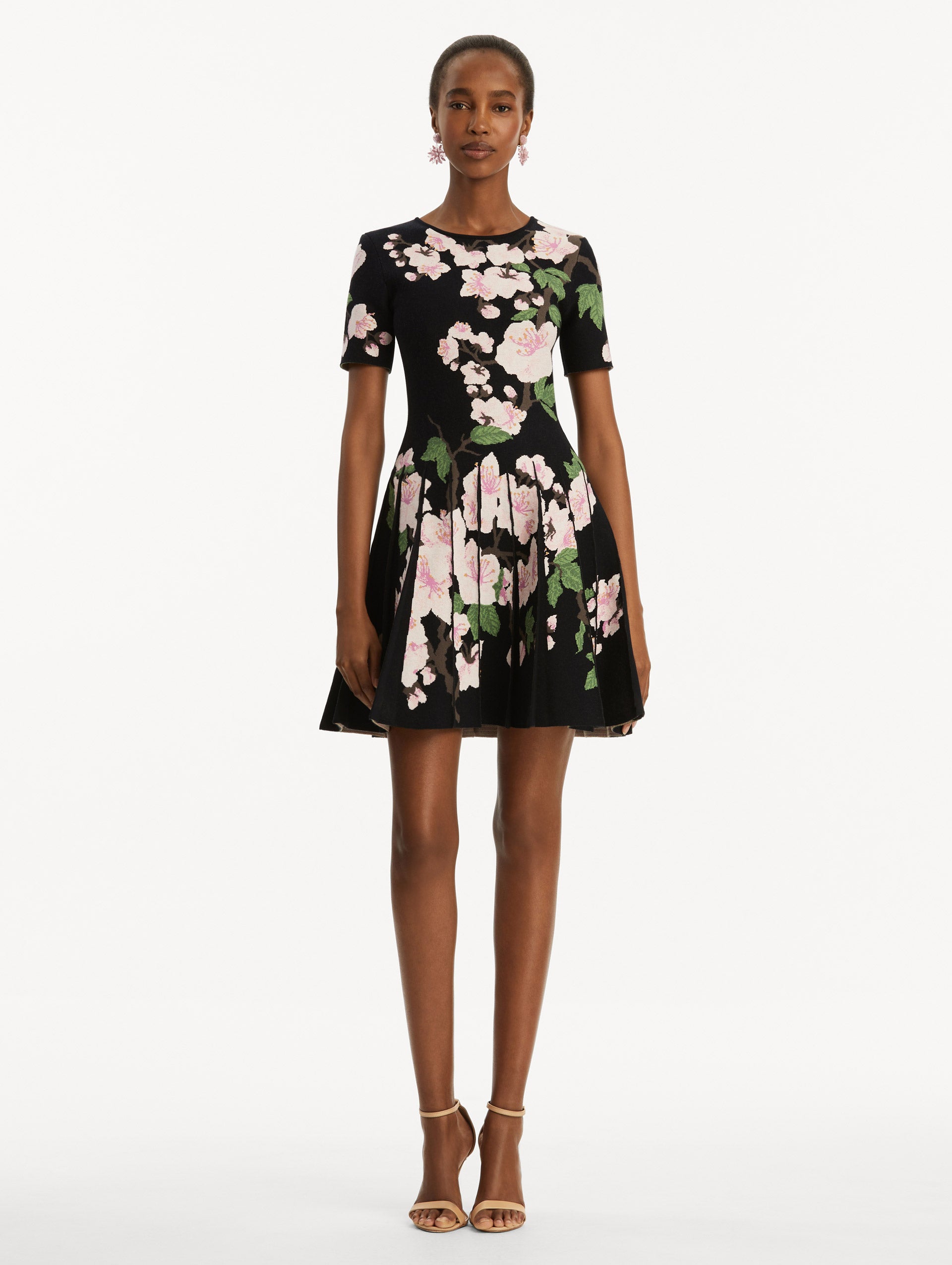 Elegant Cherry Blossom Pleated Jacquard Dress for Women - Floral Print Party & Wedding Guest Dress - Spring Summer Formal Occasion Wear