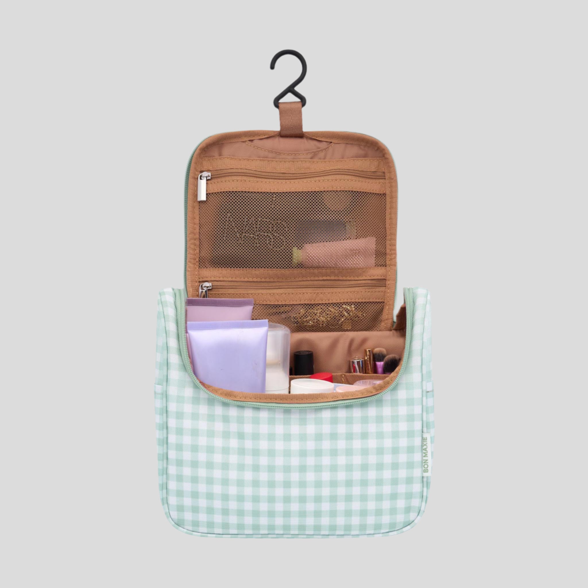 Bon Voyage Travel Toiletry Bag - Waterproof Hanging Cosmetic Organizer with Sage Gingham Pattern | Perfect for Vacation, Business Trips & Camping Essentials