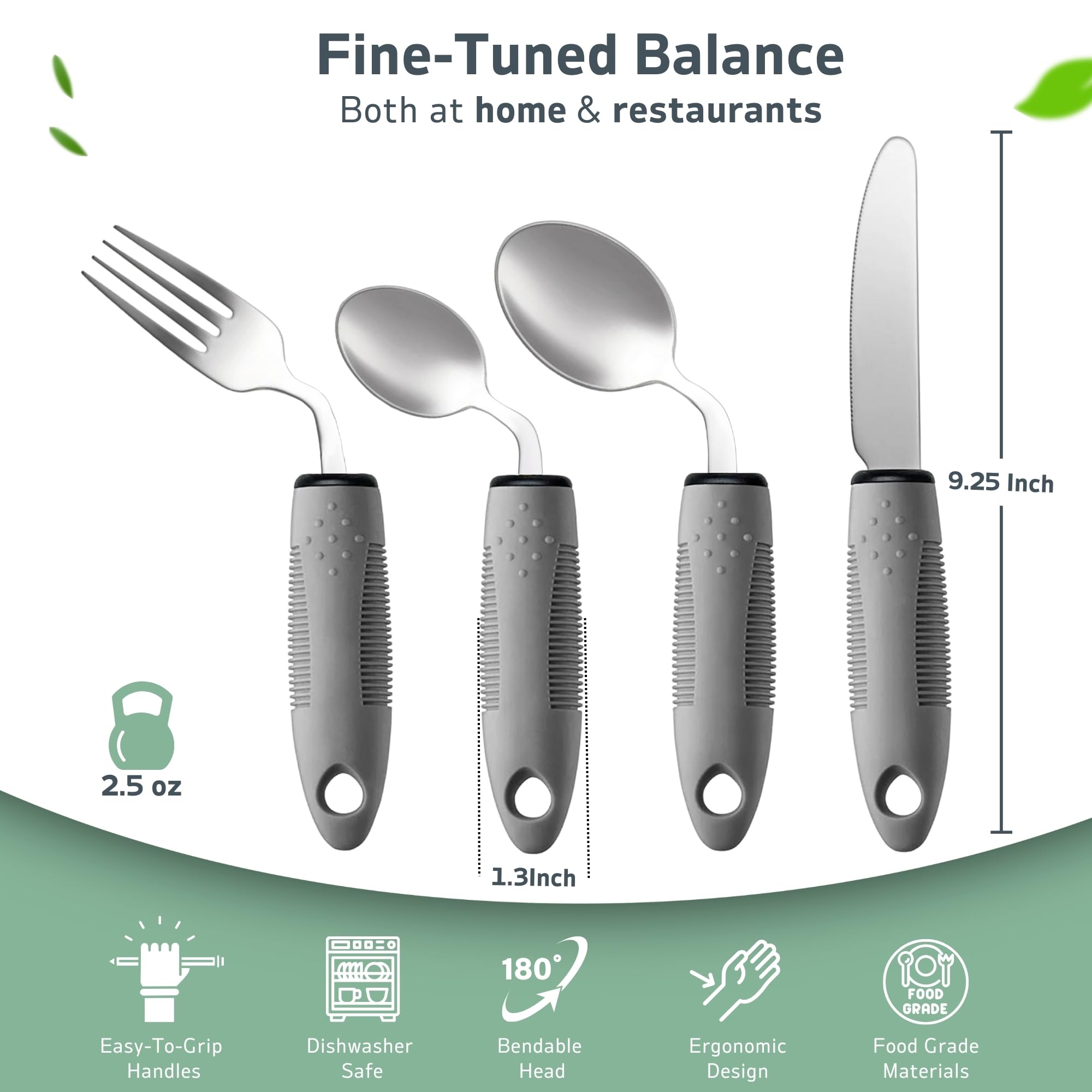 4-Piece Adaptive Utensils Set for Hand Tremors & Parkinsons - 42° Angled Weighted Silverware (2.5 oz) for Right-Handed Users (Grey) | Easy-Grip Utensils for Eating with Limited Mobility at Home or Assisted Living
