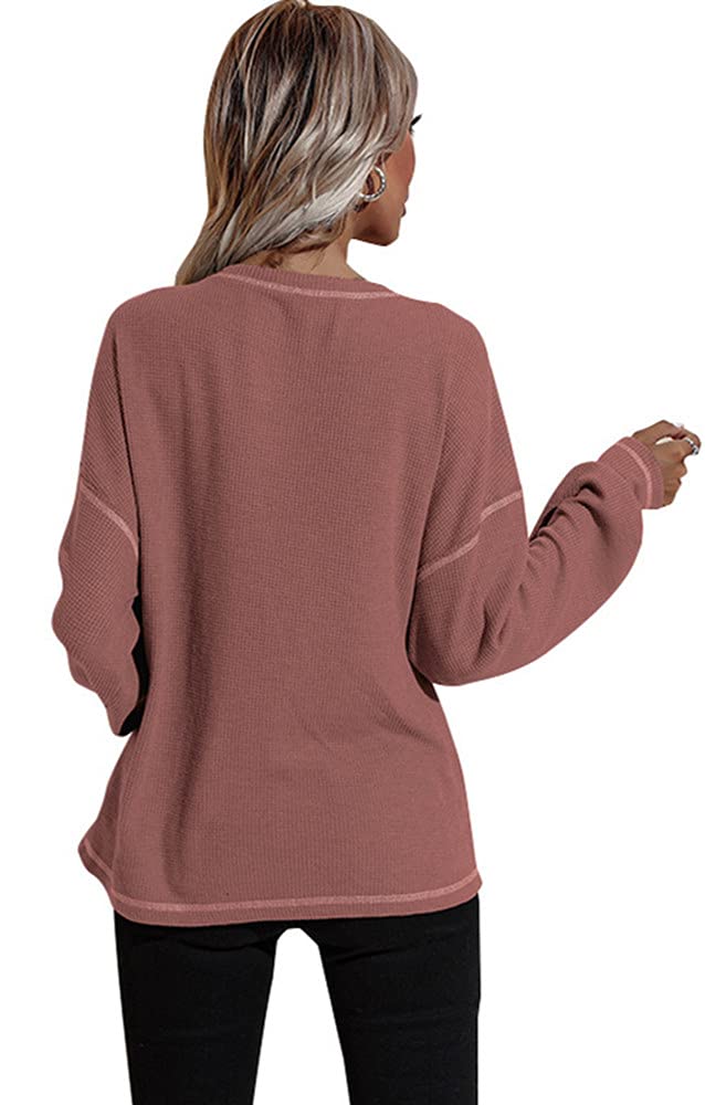 Women's Long Sleeve Tunic Top - Soft Waffle Knit Round Neck Blouse with Pocket - Casual Fall T-Shirt for Work, Weekend & Layering