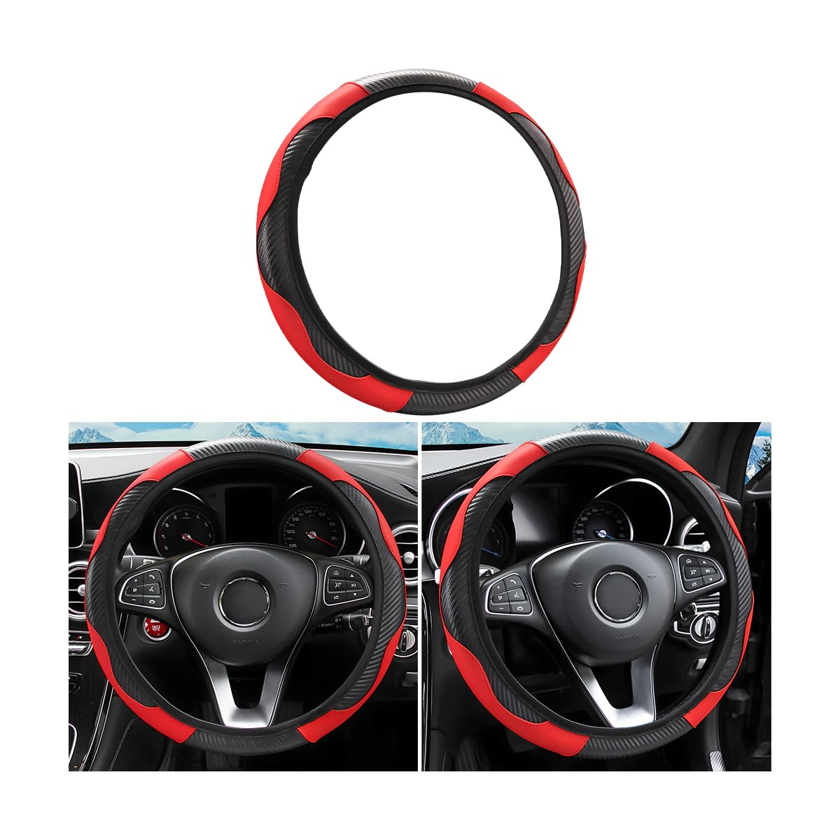 15 Inch Carbon Fiber Microfiber Leather Steering Wheel Cover - Anti-Slip Breathable Elastic Stretch Protector for Cars, SUVs, Trucks & Vans (Black/Red) | Perfect for Daily Commute, Road Trips & Winter Driving Comfort