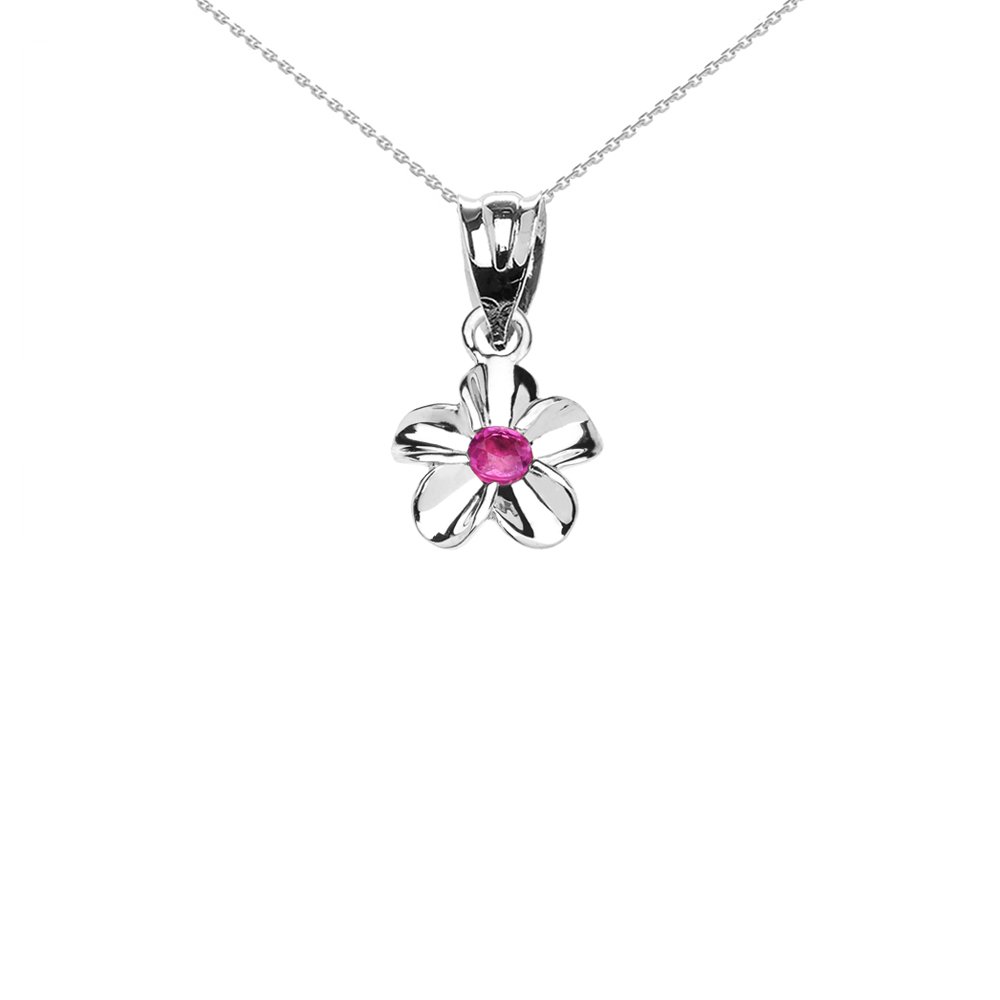 14K White Gold Hawaiian Plumeria Pinkish Red CZ Charm Pendant Necklace for Women - Elegant Layering Jewelry Gift for Birthday, Anniversary & Special Occasions