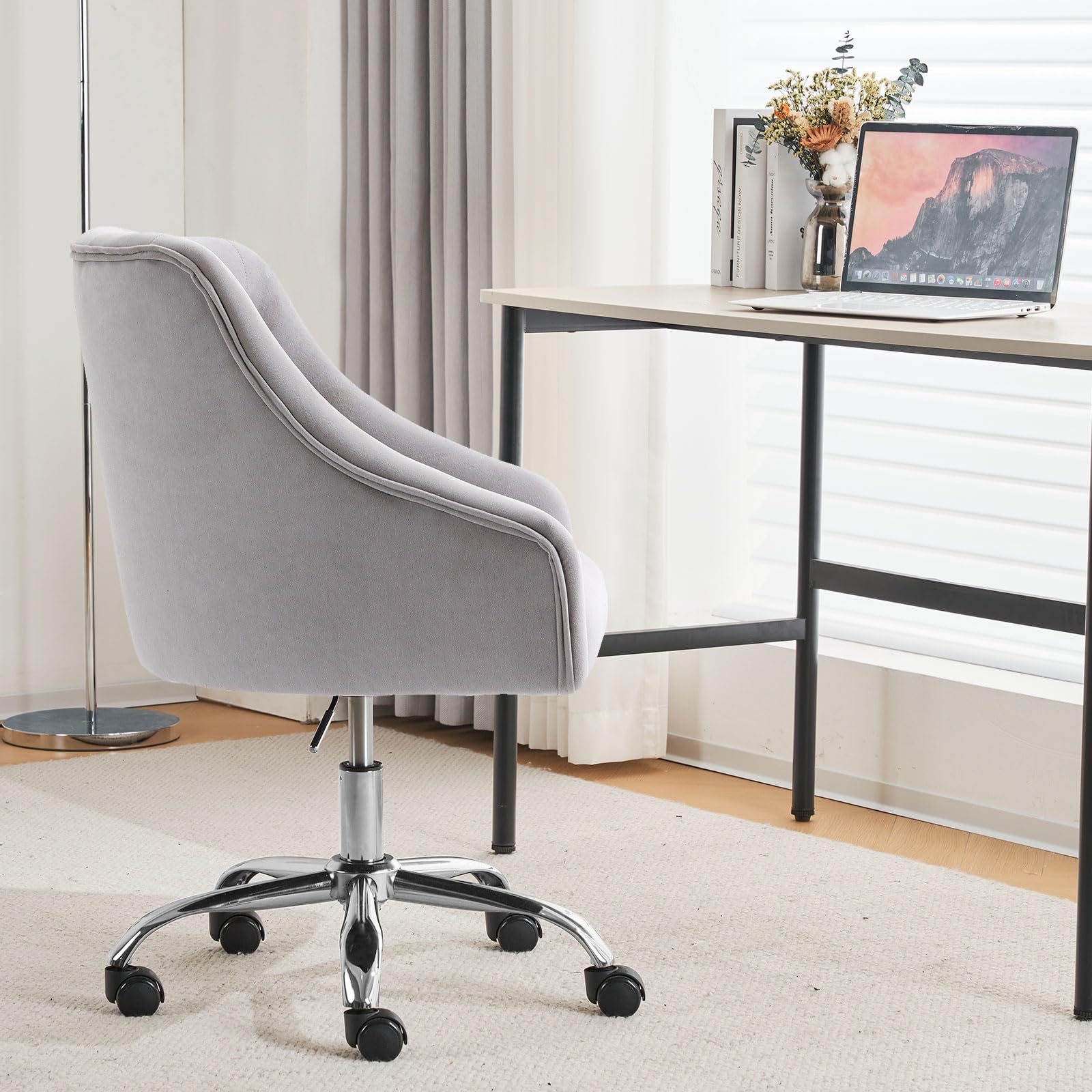 MOJAY Velvet Office Swivel Vanity Chair - Adjustable Height 360° Rotating Fabric Desk Chair with Gold Base for Women, Reception & Home Office (Grey) - Perfect for Makeup Vanity, Dressing Table & Workstation