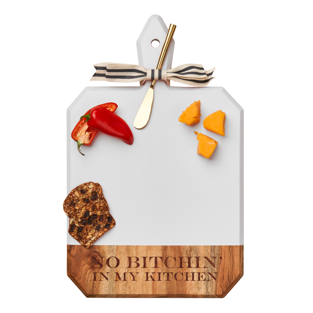 Acacia Wood Heirloom Cutting Board - 16 x 10 Inch White Rectangle Charcuterie Board with Gold Utensils & Ribbon | Perfect for Kitchen, Wedding Gifts & Cheese Platter Presentation | Rustic Serving Tray for Entertaining
