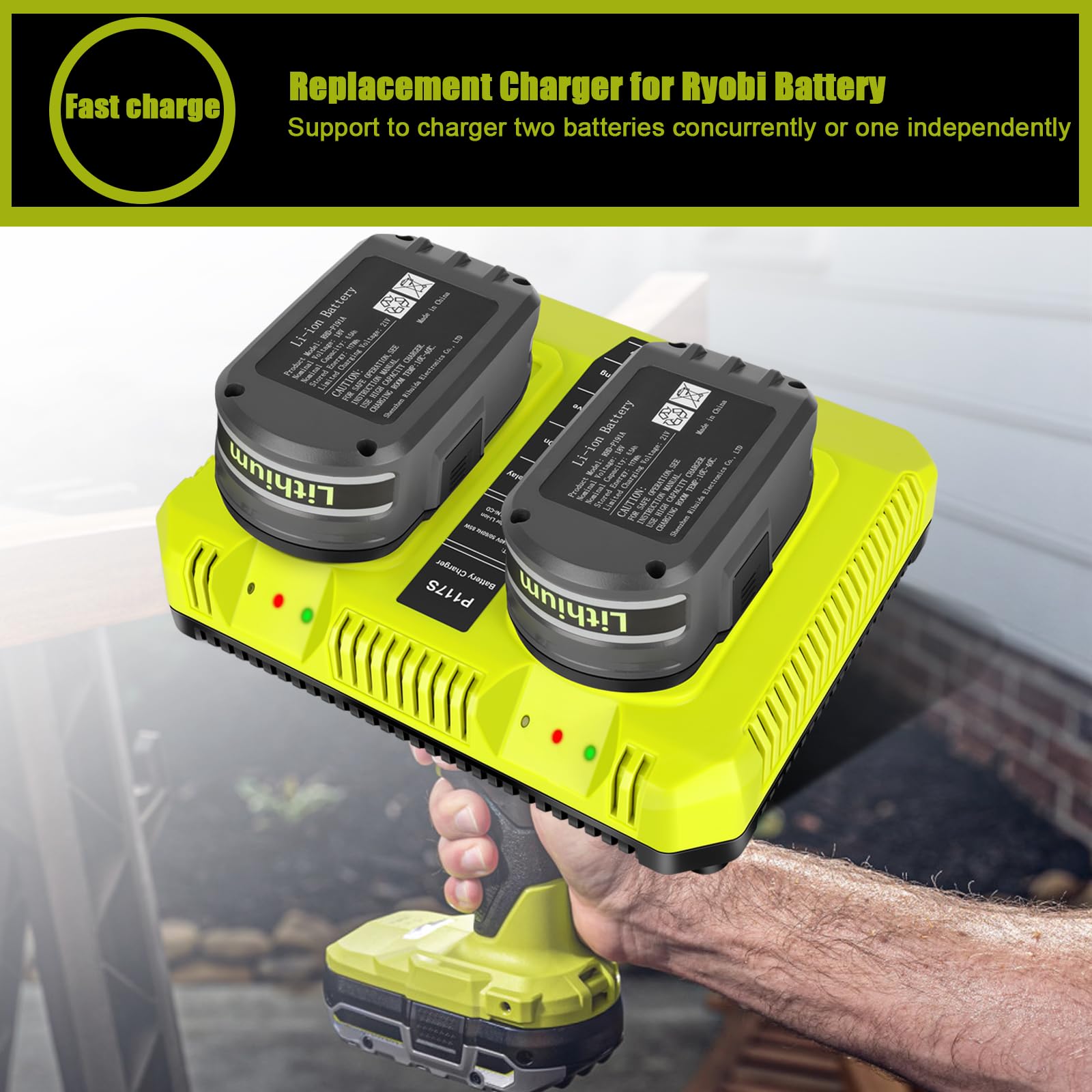 Dual 18V Charger Station for Ryobi 18V Battery - Replacement for P118 Charger | Compatible with ONE+ 18V Lithium/NiCd/NiMH Batteries | Fast Charging for Power Tools, Drills & Outdoor Equipment