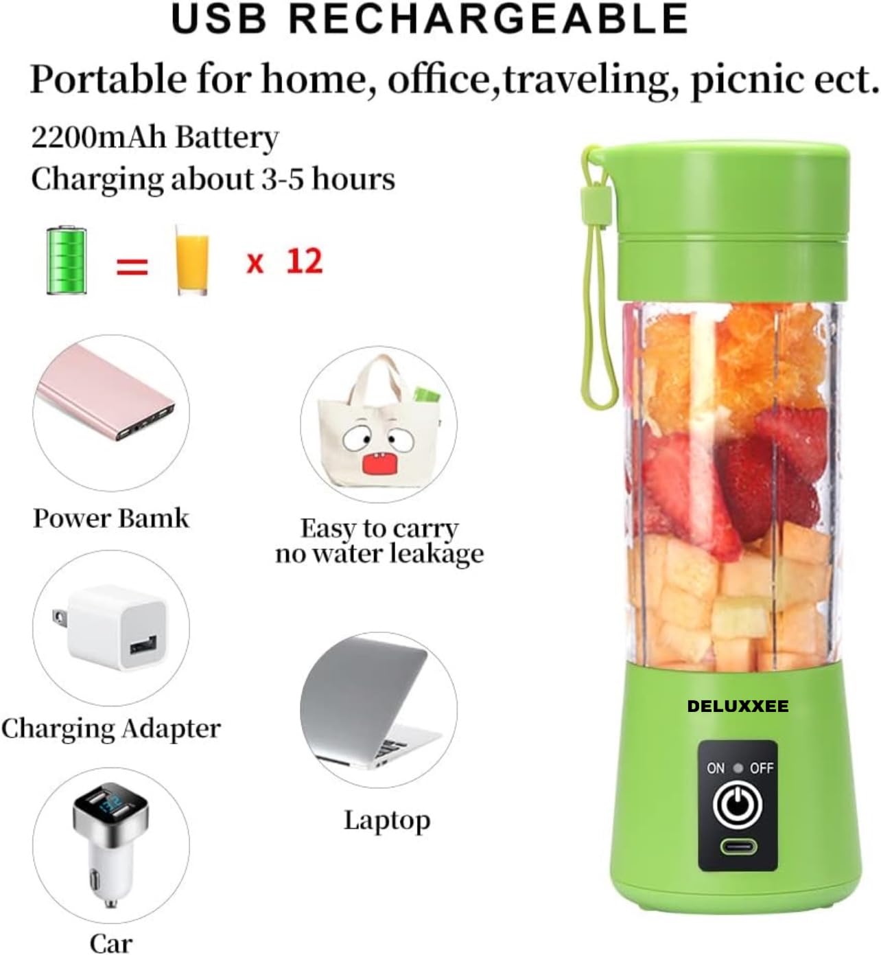 Portable USB Rechargeable Personal Blender for Shakes, Smoothies & Juices - 380ML Mini Travel Blender Bottle with Fruit Mixer - Perfect for Gym, Office & Outdoor Activities (Green)