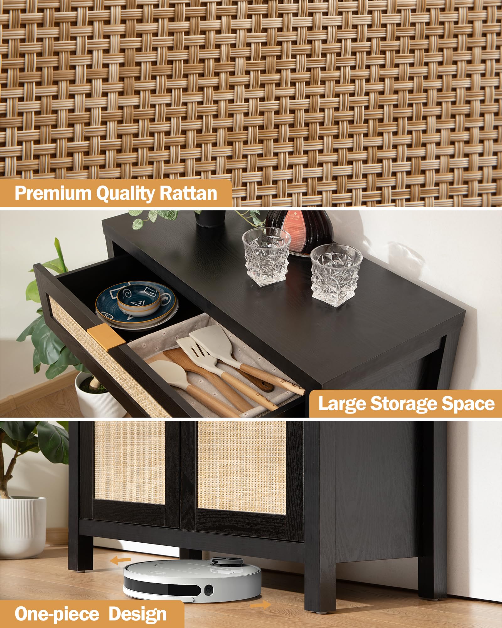 SICOTAS Modern Rattan Sideboard Buffet Cabinet with Doors & Drawer - Entryway Storage, Living Room Console Table, Coffee Bar Organizer - Black Accent Furniture for Home Decor