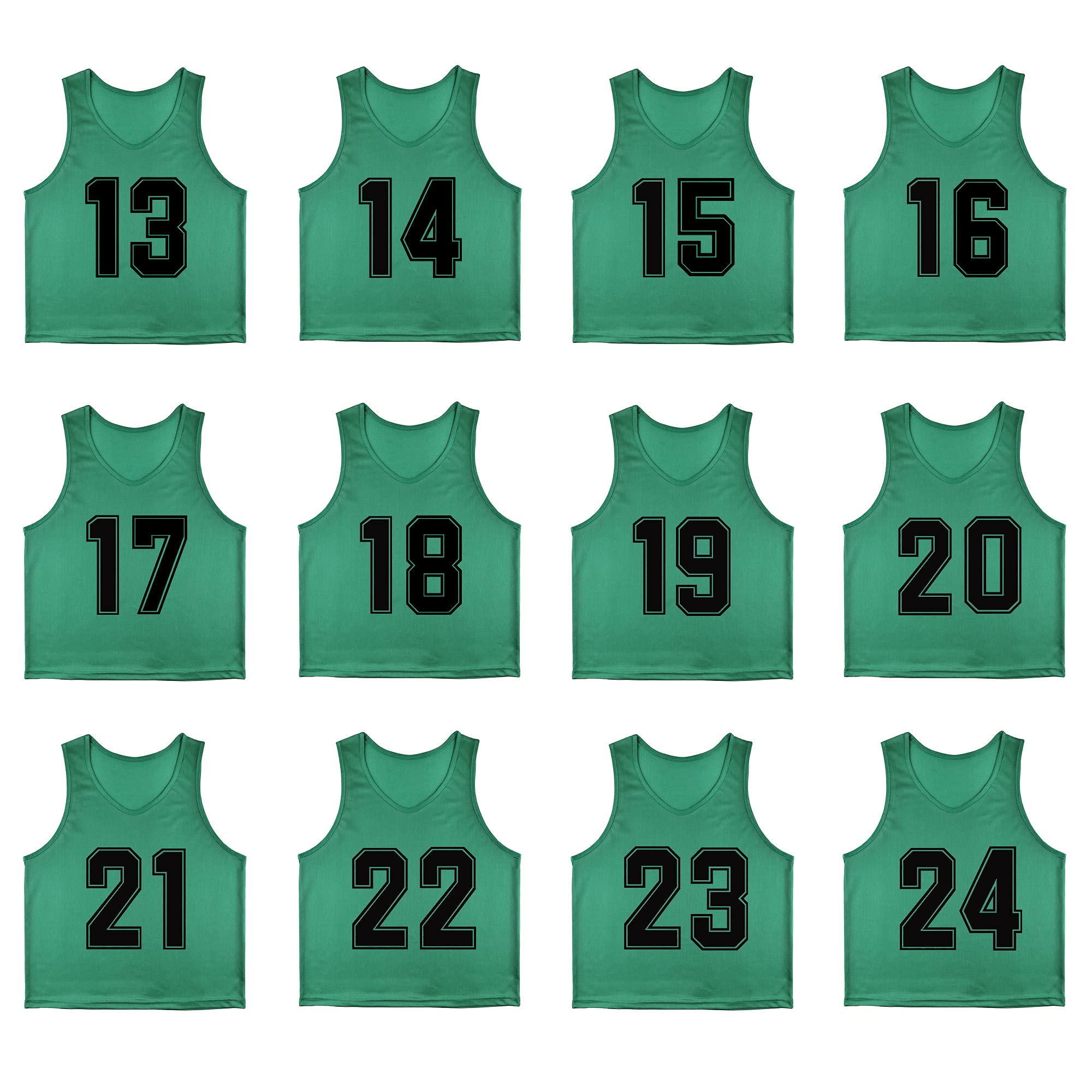 12-Pack Numbered (13-24) Reversible Soccer Training Vests - Breathable Mesh Pinnies with Free Carry Bag for Team Sports, Practice & Youth Soccer Drills