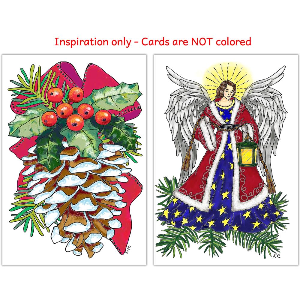 Adult Christmas Coloring Cards Set - 10 Unique Holiday Greeting Cards with 5 Red & 5 Green Envelopes | DIY Relaxation & Gift Giving for Festive Season