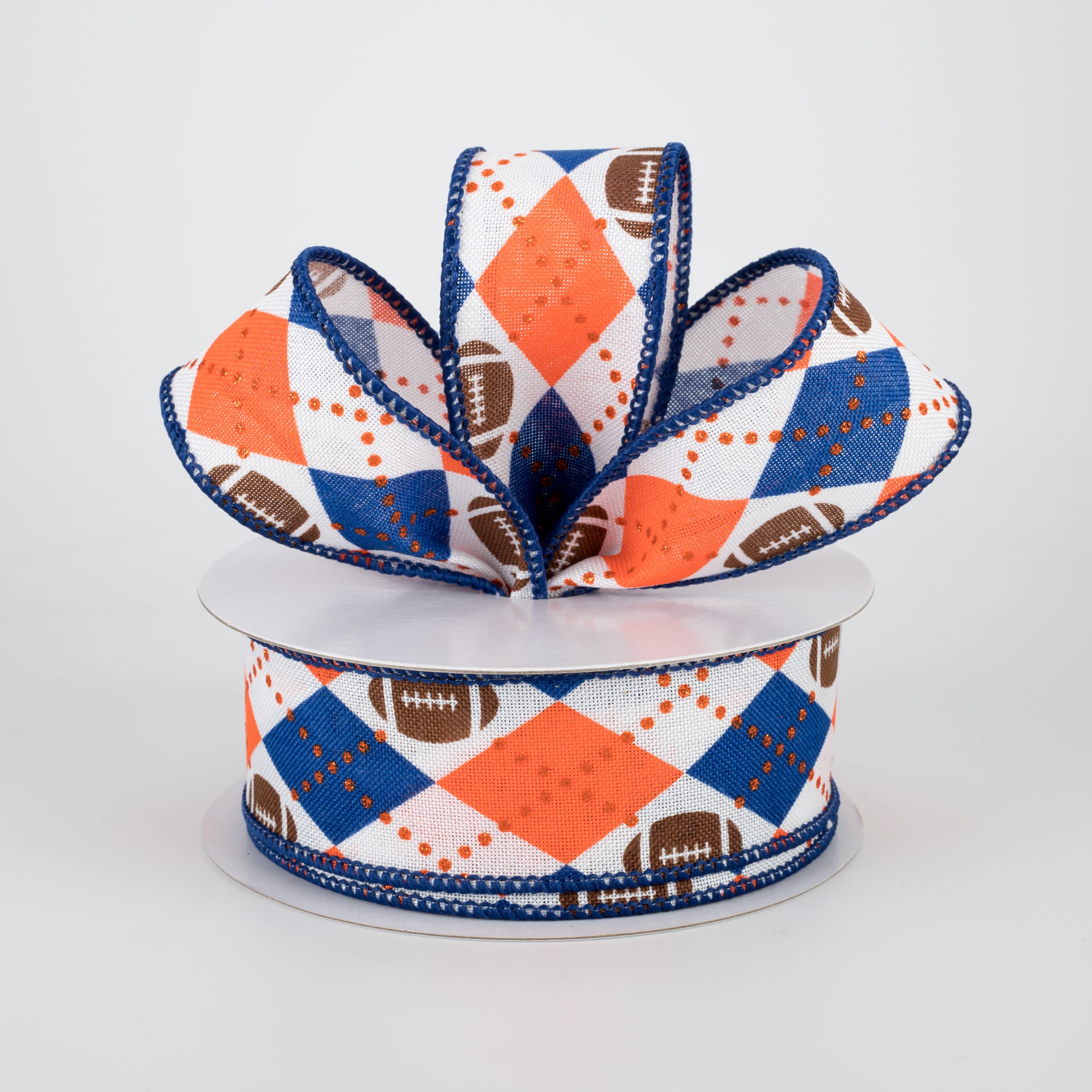 1.5 Inch Argyle Footballs Ribbon - Orange & Navy (10 Yards) for Sports Decor, Gift Wrapping, and DIY Crafts