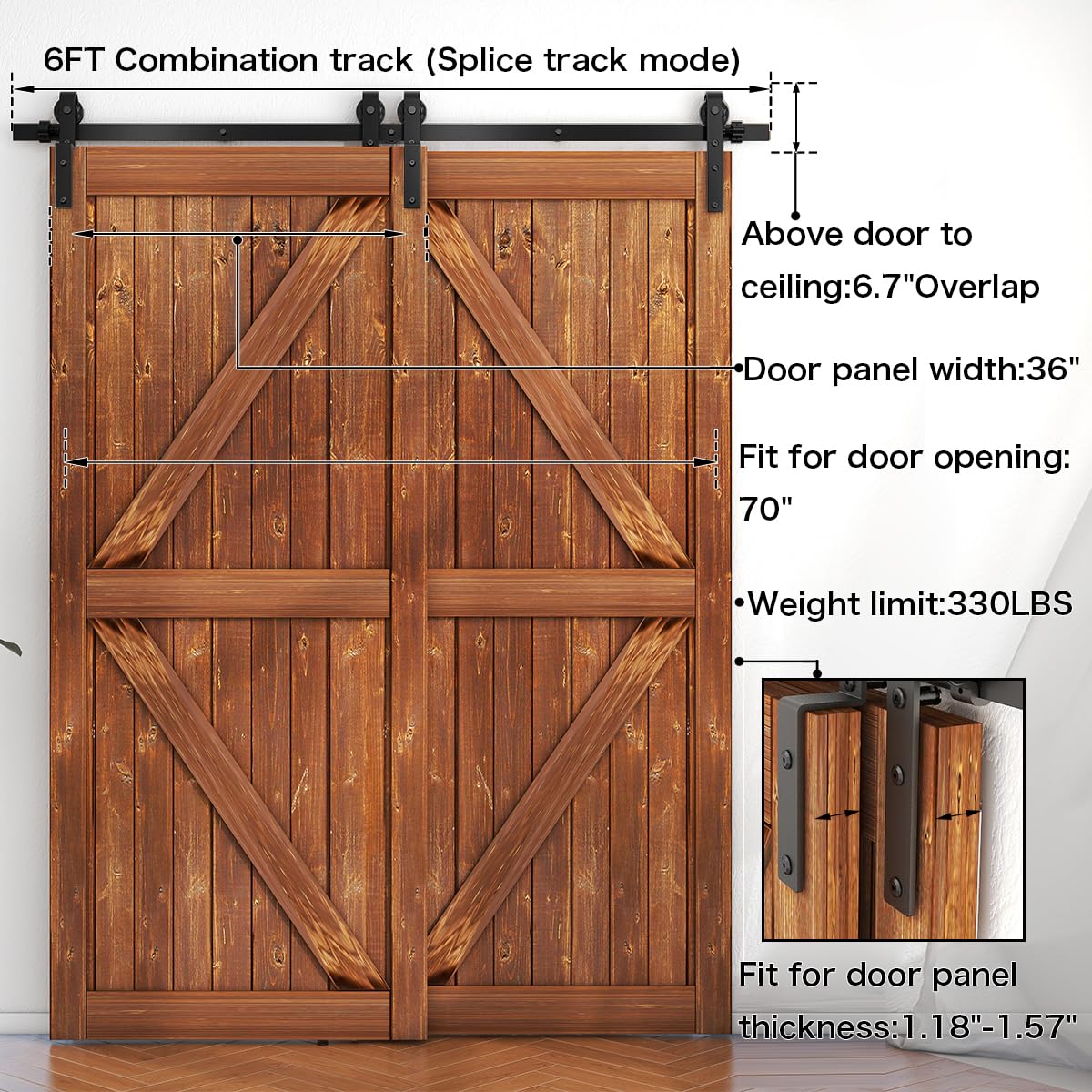 AONAYIOA 6FT Bypass Sliding Barn Door Hardware Kit - Double Wooden Doors Single Track System for 70