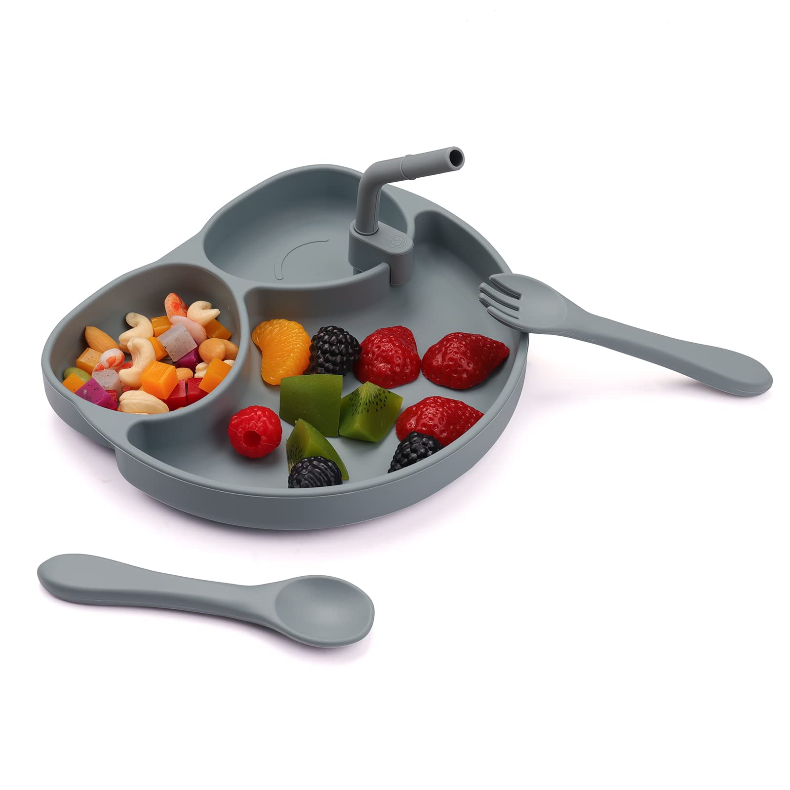 BPA-Free Silicone Suction Plates for Babies & Toddlers | Divided Baby Feeding Set with Spoons, Forks & Straws | Dishwasher & Microwave Safe | Perfect for Highchair, Travel & Mess-Free Meals (Grey)