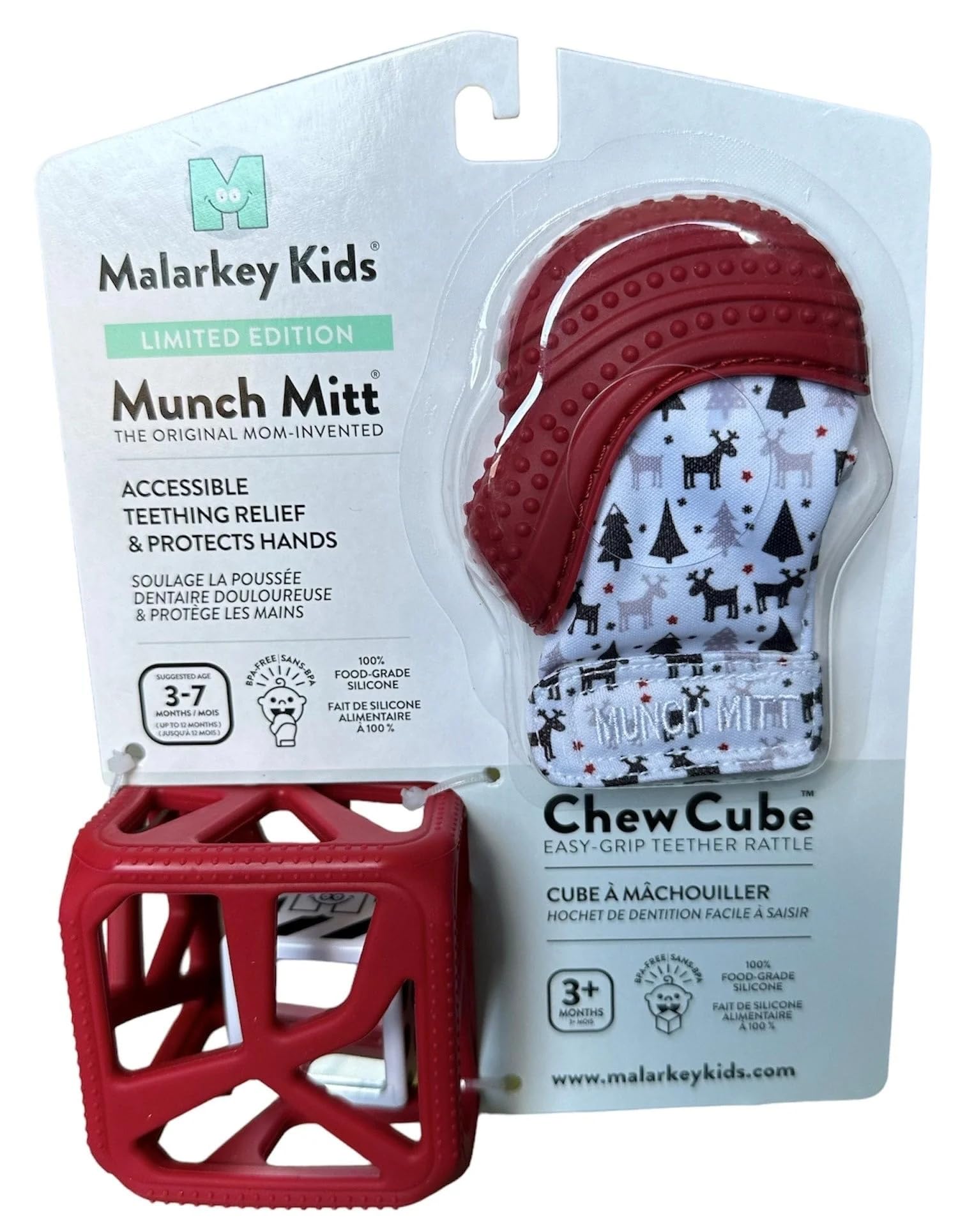 Malarkey Kids Teething Gift Set - Munch Mitt & Chew Cube Duo for Babies & Toddlers | BPA-Free Baby Teething Toys for Gum Relief & Sensory Stimulation | Perfect for Soothing Sore Gums & Early Childhood Development (Red)