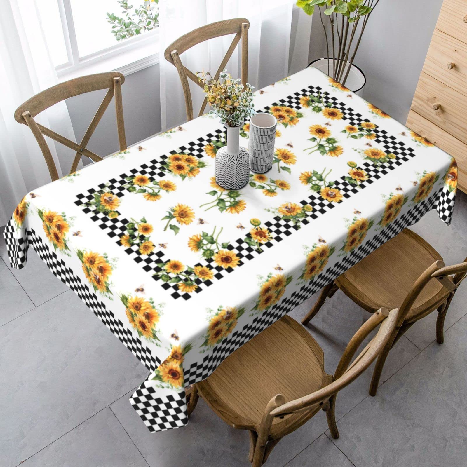 Sunflower Rustic Checkerboard Tablecloth 60x90 Inch - Washable Rectangle Table Cover for Kitchen, Dining Room, Picnic, and Outdoor Decor