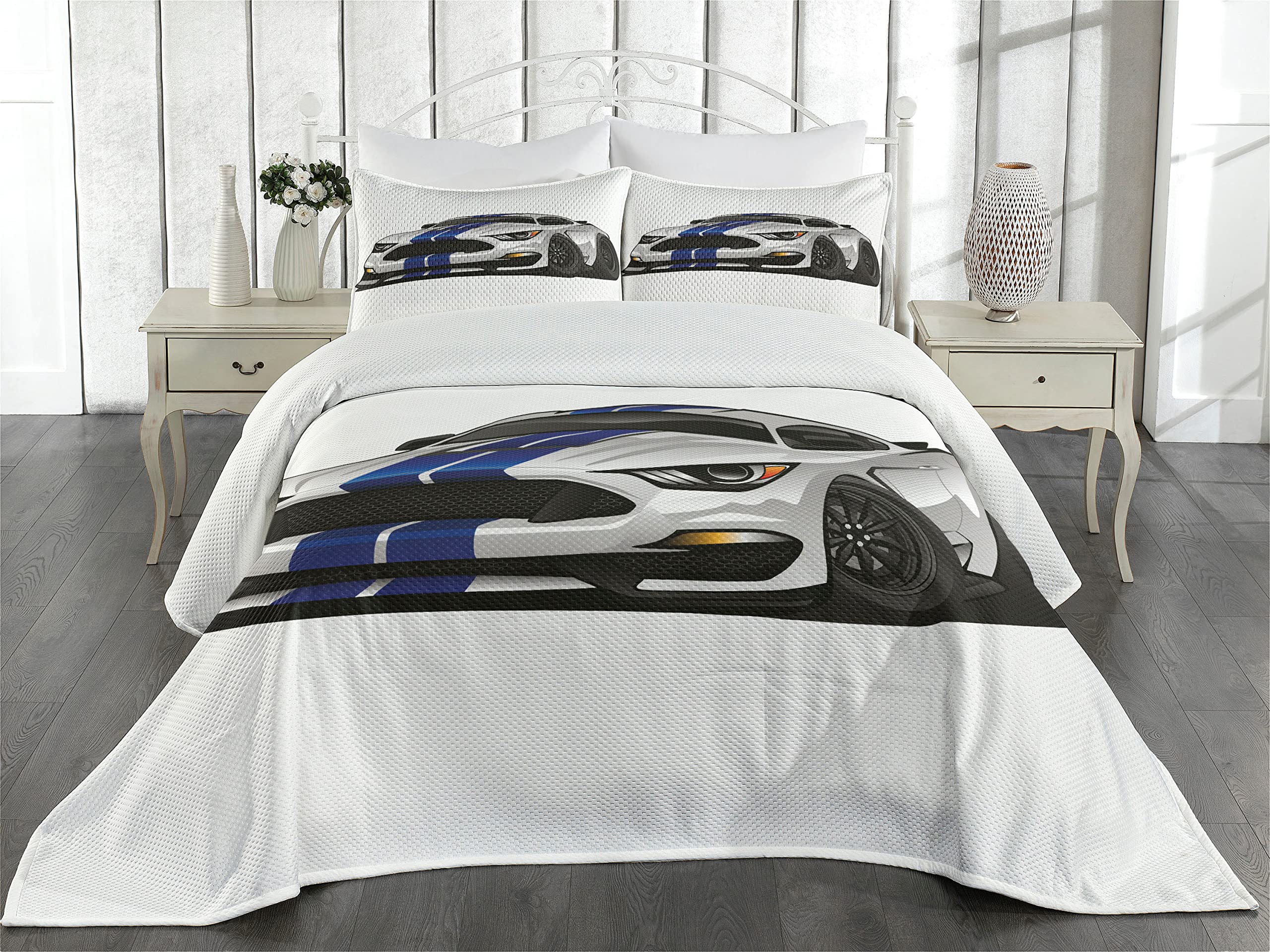 Lunarable Cartoon Coverlet - Modern American Muscle Car Racing Print Quilted 3-Piece Bedspread Set with 2 Pillow Shams, King Size in Black Grey & Blue | Perfect for Race Car Themed Bedrooms, Teen Boys Room Decor, and Motorsports Enthusiasts