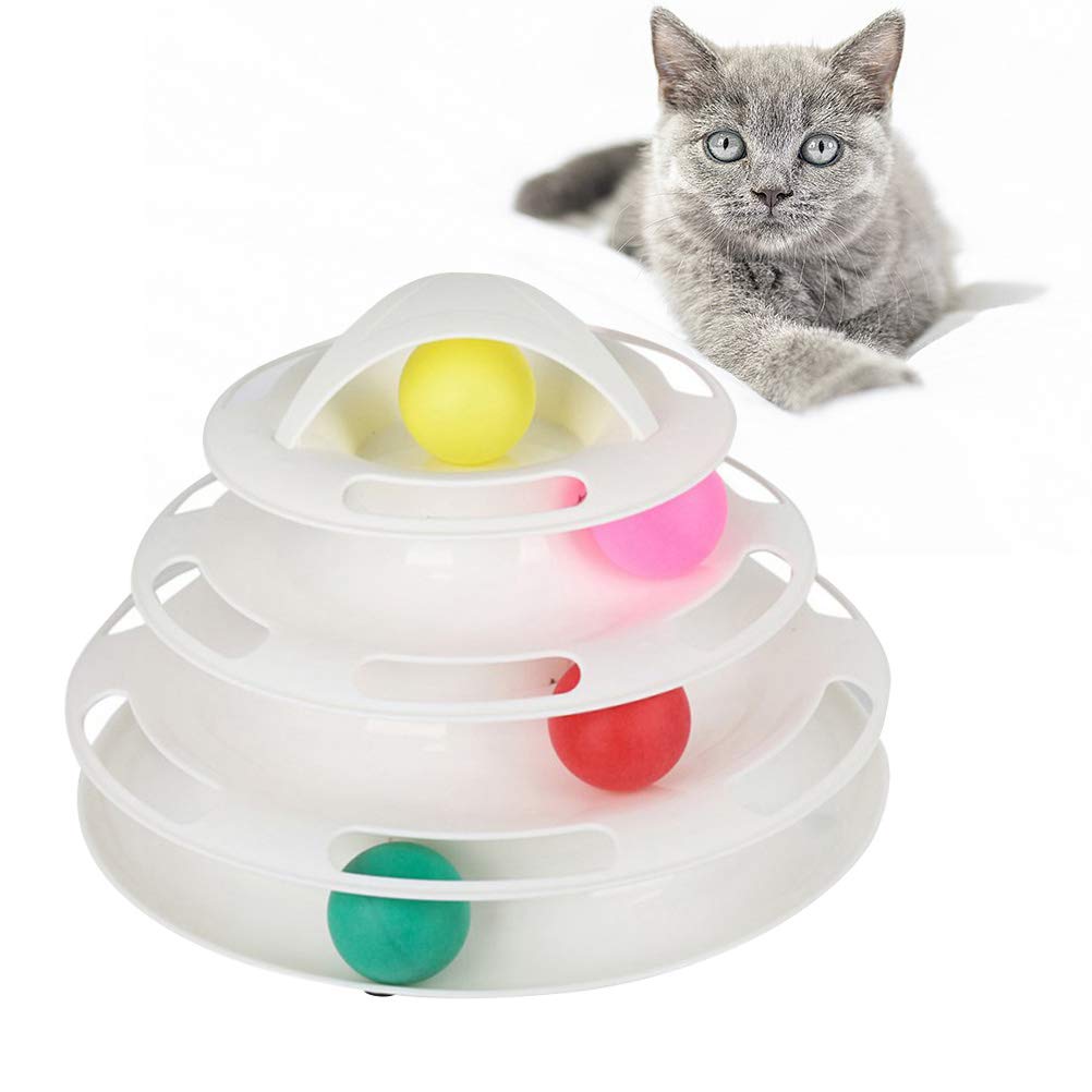 Interactive Cat Ball Toy with Roller Tracks & Drone Propeller Guard - 4-Level Exercise Toy for Cats to Stay Active & Fit - Perfect for Indoor Play, Exercise, and Mental Stimulation (White)