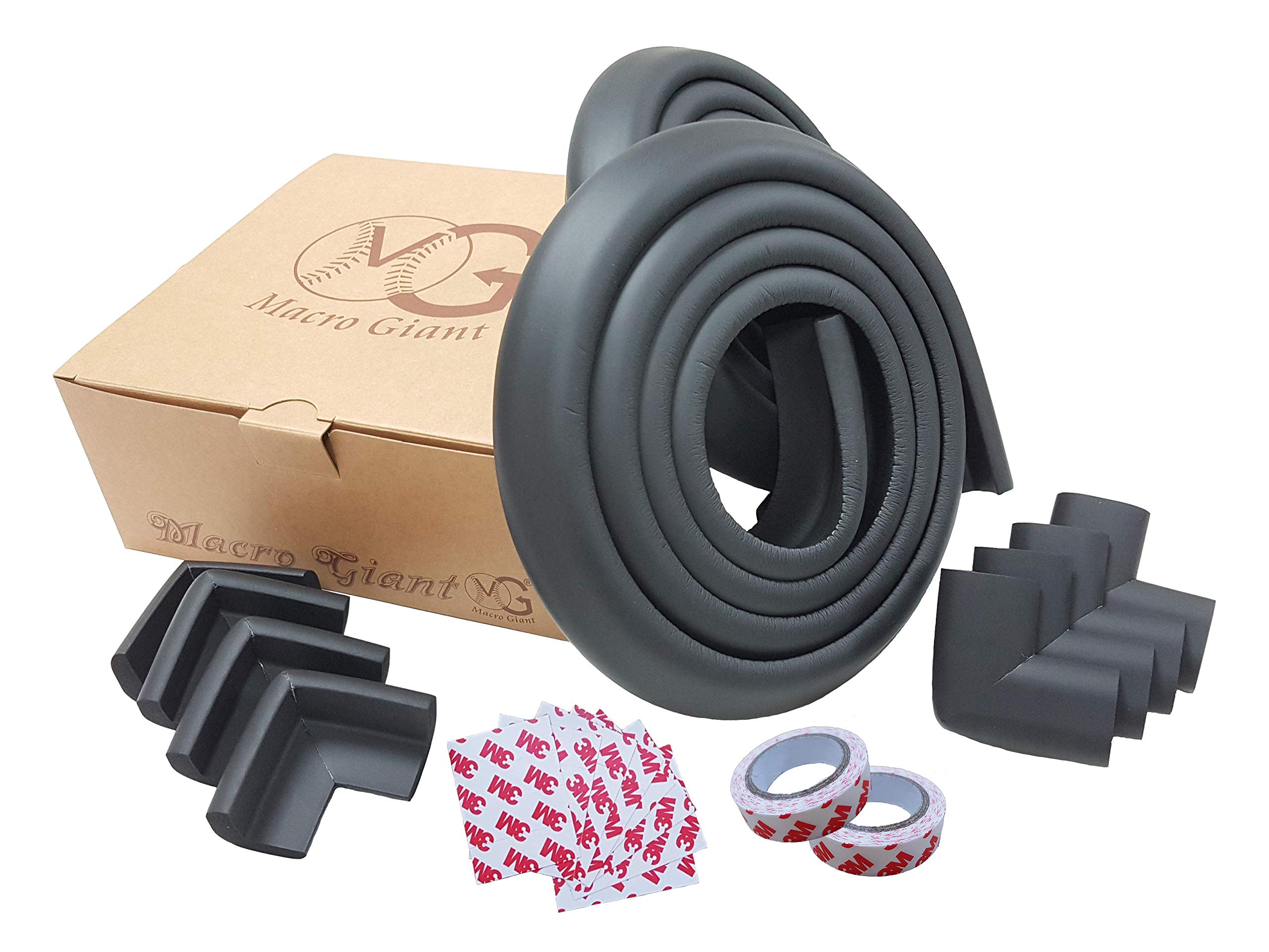 Baby Proofing Edge & Corner Guards Set - 6.5ft Cushion x2 & 8 Corner Protectors, Black L-Shaped NBR Foam with Strong Double-Sided Tape - Furniture Safety Bumper for Tables, Counters, Cabinets - Childproof Your Home for Toddler Safety