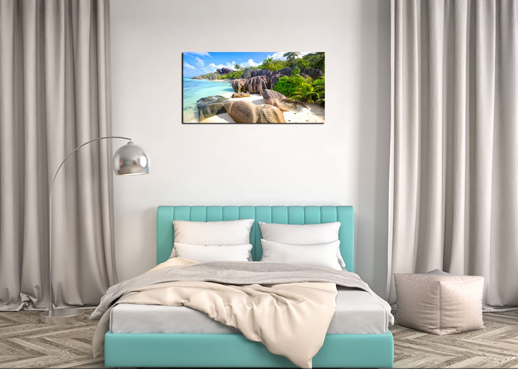 YP0775 Beach Wall Art - Stone Coconut Trees on Sands Seascape Painting - Tropical Nature Picture for Bedroom, Living Room & Office Decor - Perfect for Coastal, Vacation Home or Beach House Style