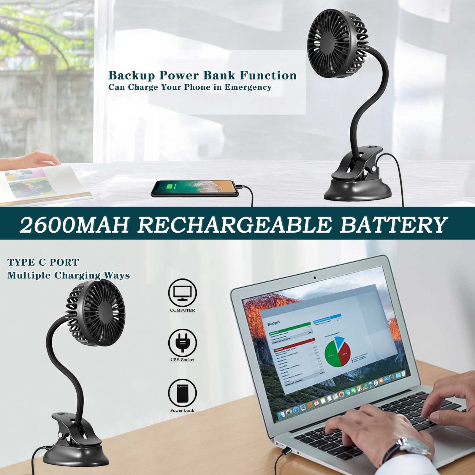 USB Clip on Mini Fan - Rechargeable Battery Operated Desk Fan with Emergency Power Bank, 3 Speed Adjustable Flexible Neck - Perfect for Baby Stroller, Beach, Car, Camping, Dorm, Bed & Office (Black)