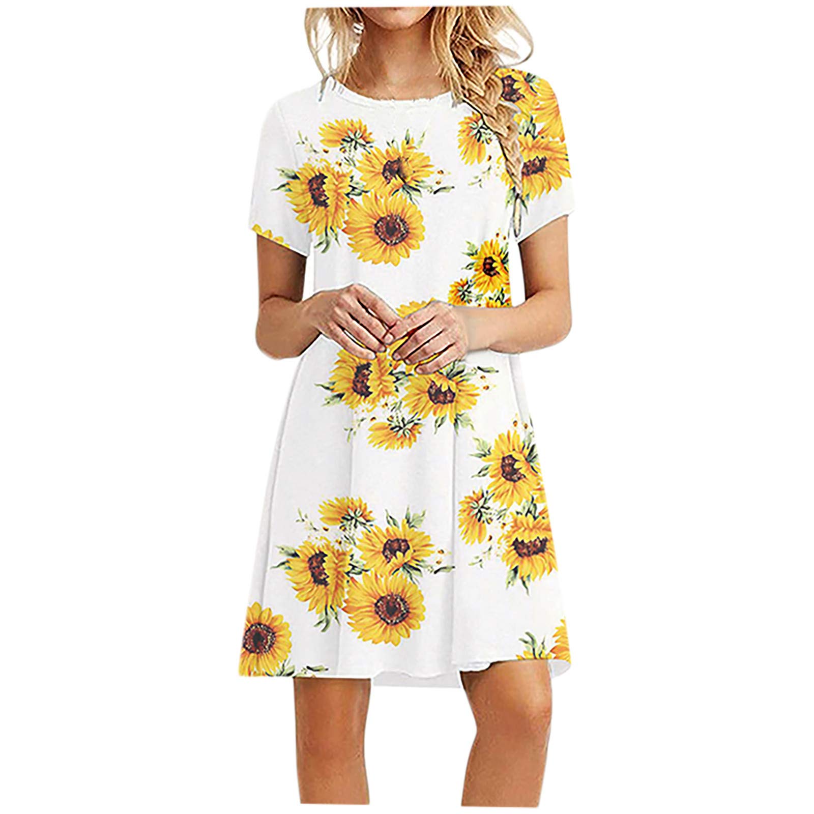 Beyonds Women's Short Sleeve Floral Leopard Sunflower Shirt Dress - Knee Length Casual Swing Dress for Summer, Beach, Vacation & Outdoor Activities