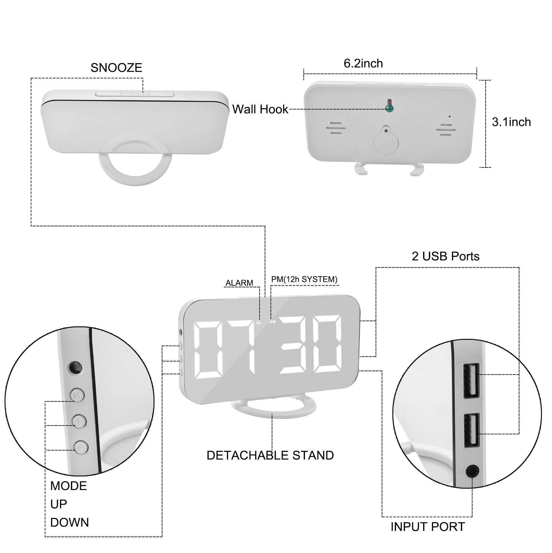 SZELAM Large Digital Alarm Clock with LED Display - Mirror Surface for Makeup, 3-Level Brightness & Dimming Mode, Dual USB Charging Ports - Modern Home & Bedroom Decor (White) - Perfect for Nightstands, Vanity Tables, and Office Desks