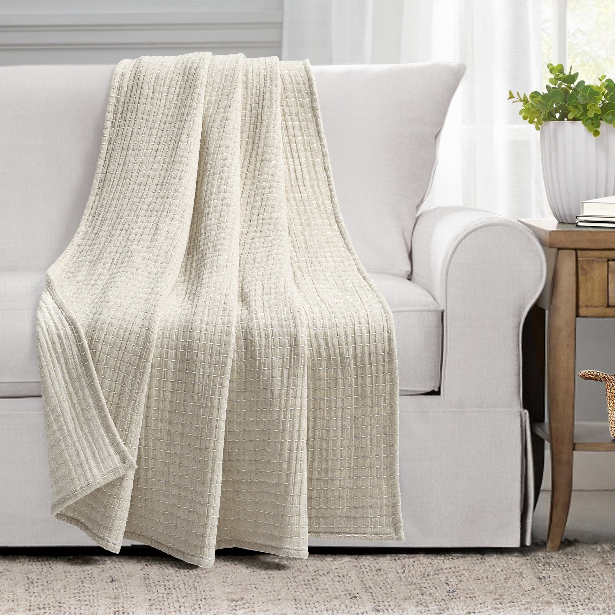 Handmade Solid Kantha Pick Stitch Yarn-Dyed Cotton Woven Throw Blanket - Cozy Sofa Cover, Bedspread & Home Decor for Living Room, Bedroom