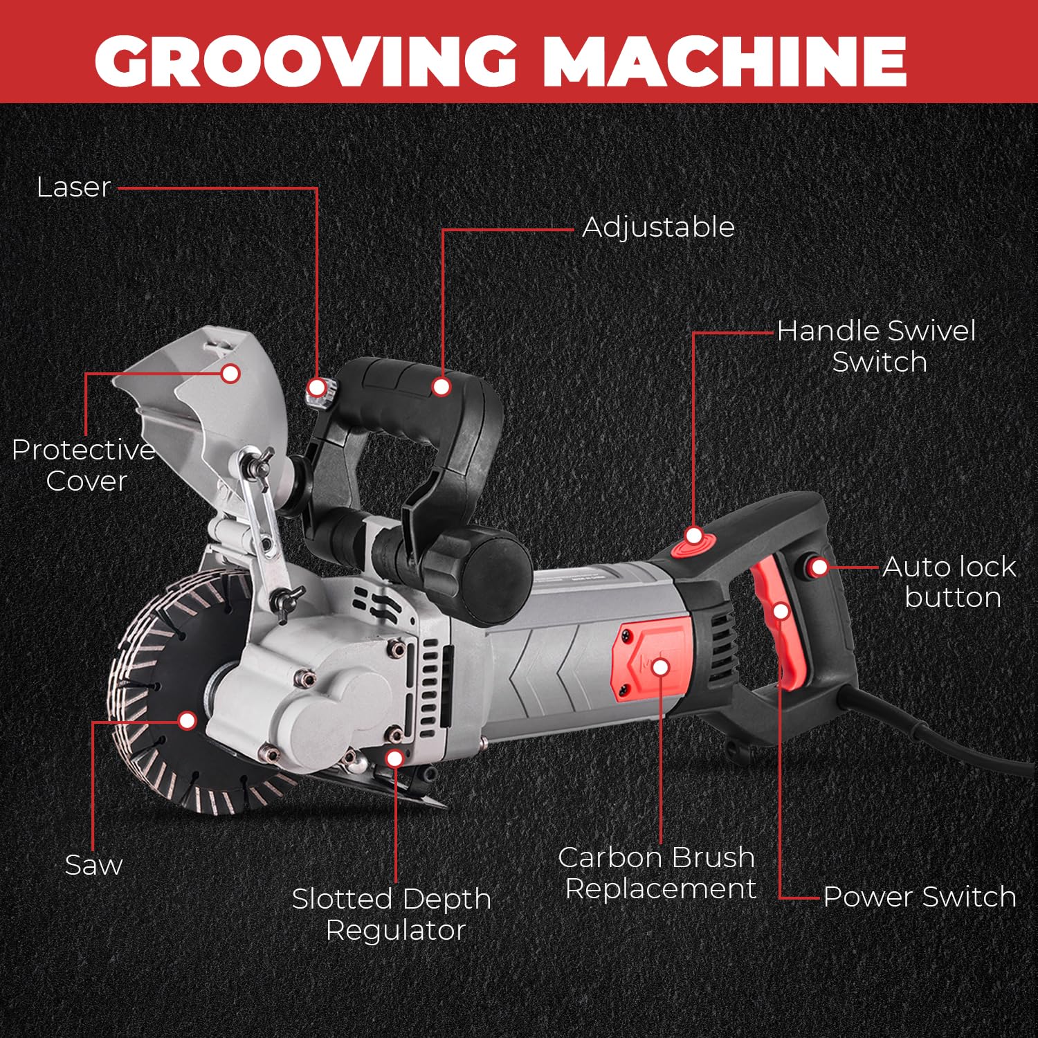 XtremepowerUS 3000W Electric Wall Chaser Concrete Groove Cutter with Water Pump & Case - Professional Slotting Machine for Concrete, Brick, and Tile Cutting - Perfect for Construction, Renovation, and DIY Projects