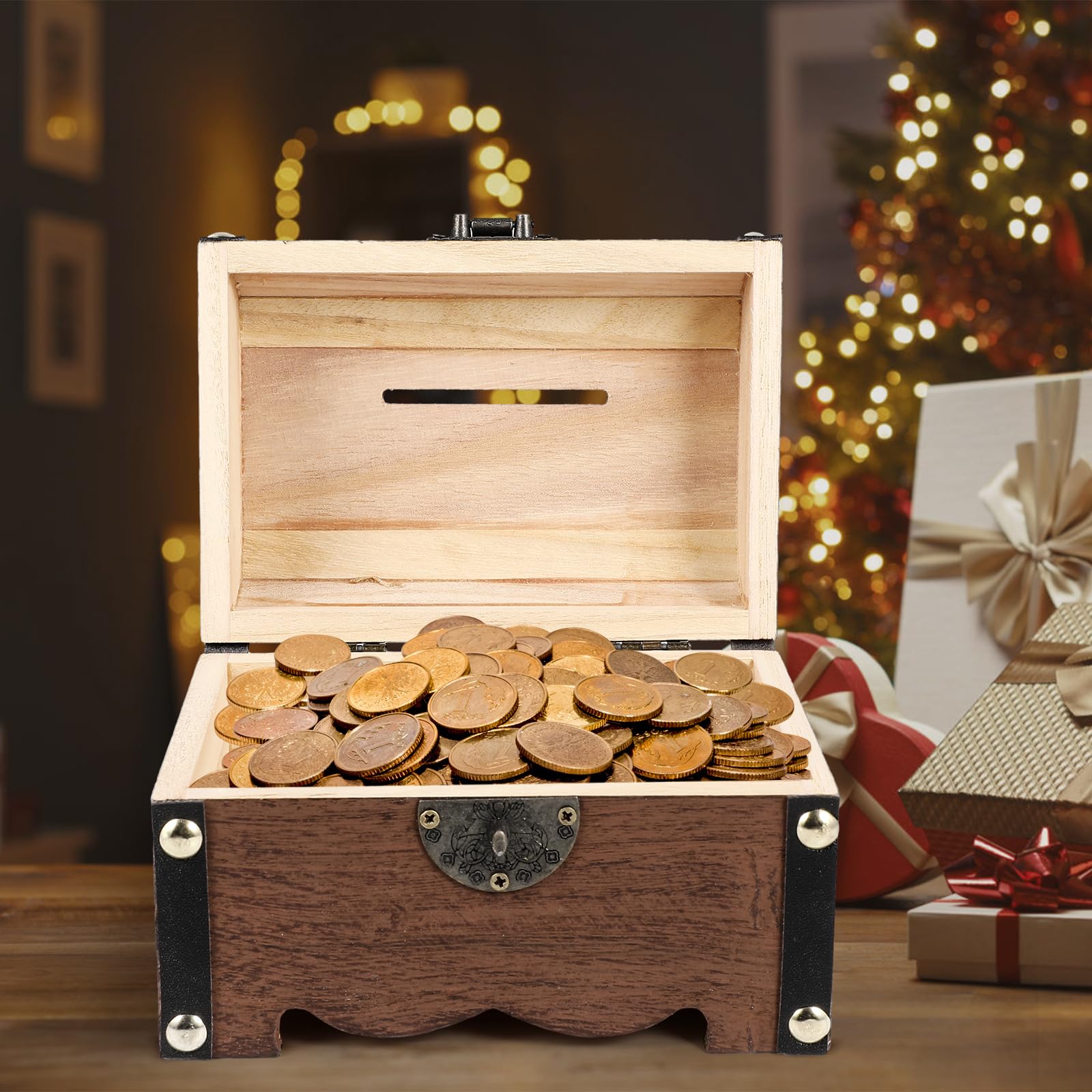 FAVOMOTO Wooden Pirate Treasure Chest Box - Antique Retro Piggy Bank with Love Lock & Keys, Handmade Jewelry Storage Box for Money, Coins & Valuables | Perfect for Home Decor, Gift Giving & Themed Parties