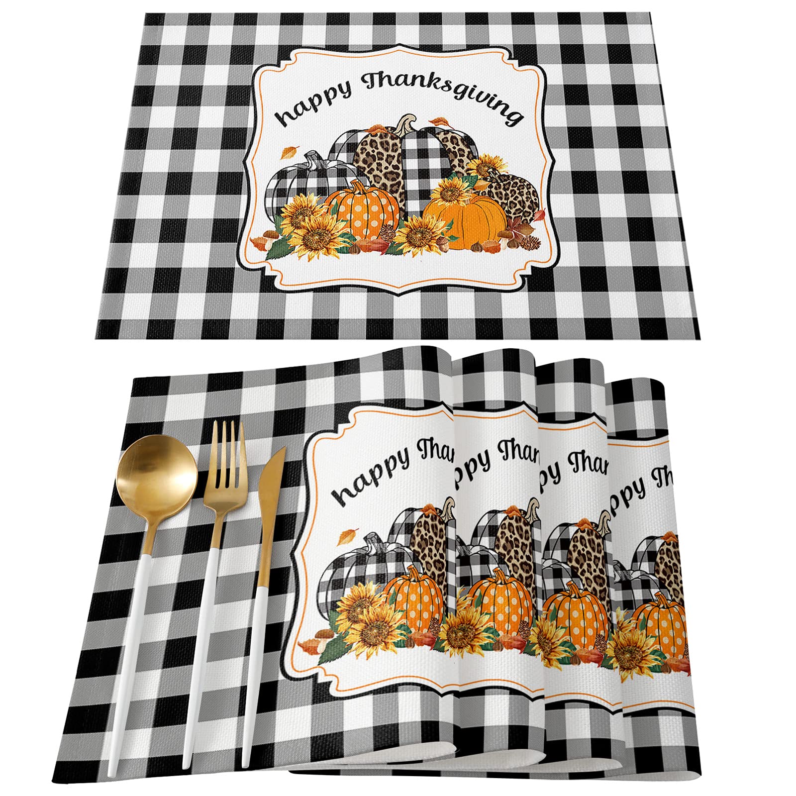 Thanksgiving Washable Placemats Set of 4 - Non-Slip Heat Resistant Kitchen Table Mats with Pumpkin & Buffalo Plaid Design for Fall Farmhouse Dining - Perfect for Thanksgiving Dinner, Holiday Gatherings & Autumn Home Decor