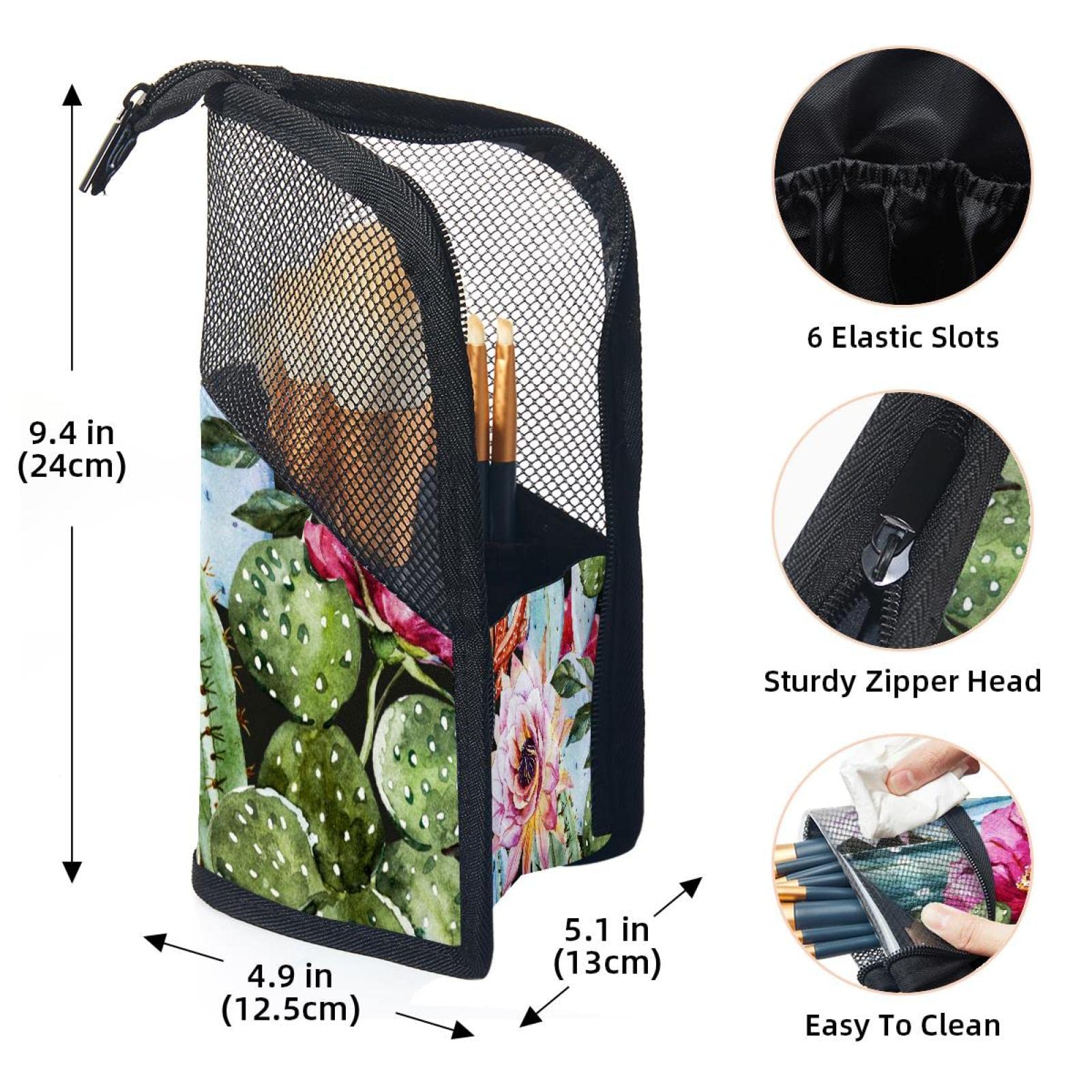12-Piece Makeup Brush Organizer Bag with Cacti Flower Design - Portable Travel Cosmetic Brush Holder Case for Professional & Home Use