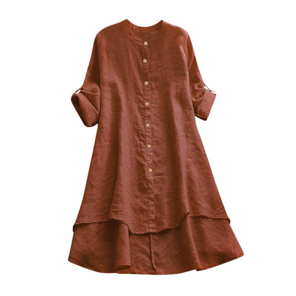 Women's Long Sleeve Linen Blouse - Loose Fit Button Down Shirt, Dressy Casual Solid Top (Coffee, XXXL) for Office Wear, Weekend Outings & Summer Fashion