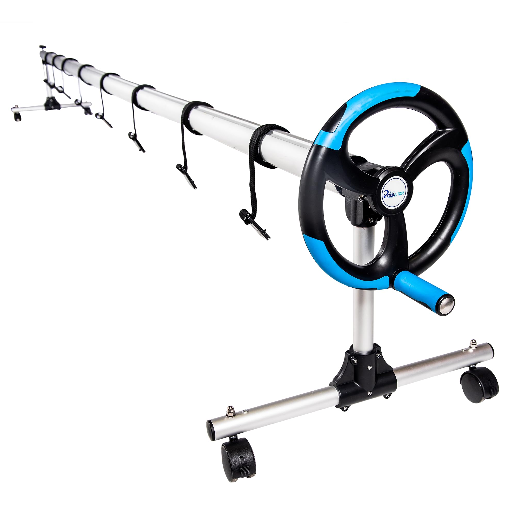 SunSolar In-Ground Pool Cover Reel Set - 3-Piece Aluminum Telescoping Pole with Spinning Reel - Heavy Duty Buckle and Straps for Secure Pool Cover Attachment - Wheeled Base for Easy Moving - 15 Feet - Perfect for Inground Pool Maintenance and Winter Cover Storage