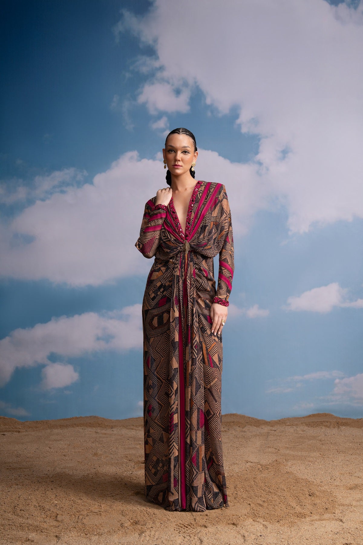 Elegant Fuchsia Pink Geometric Draped Dress with Hand Embroidery - Perfect for Evening Parties, Weddings & Special Occasions